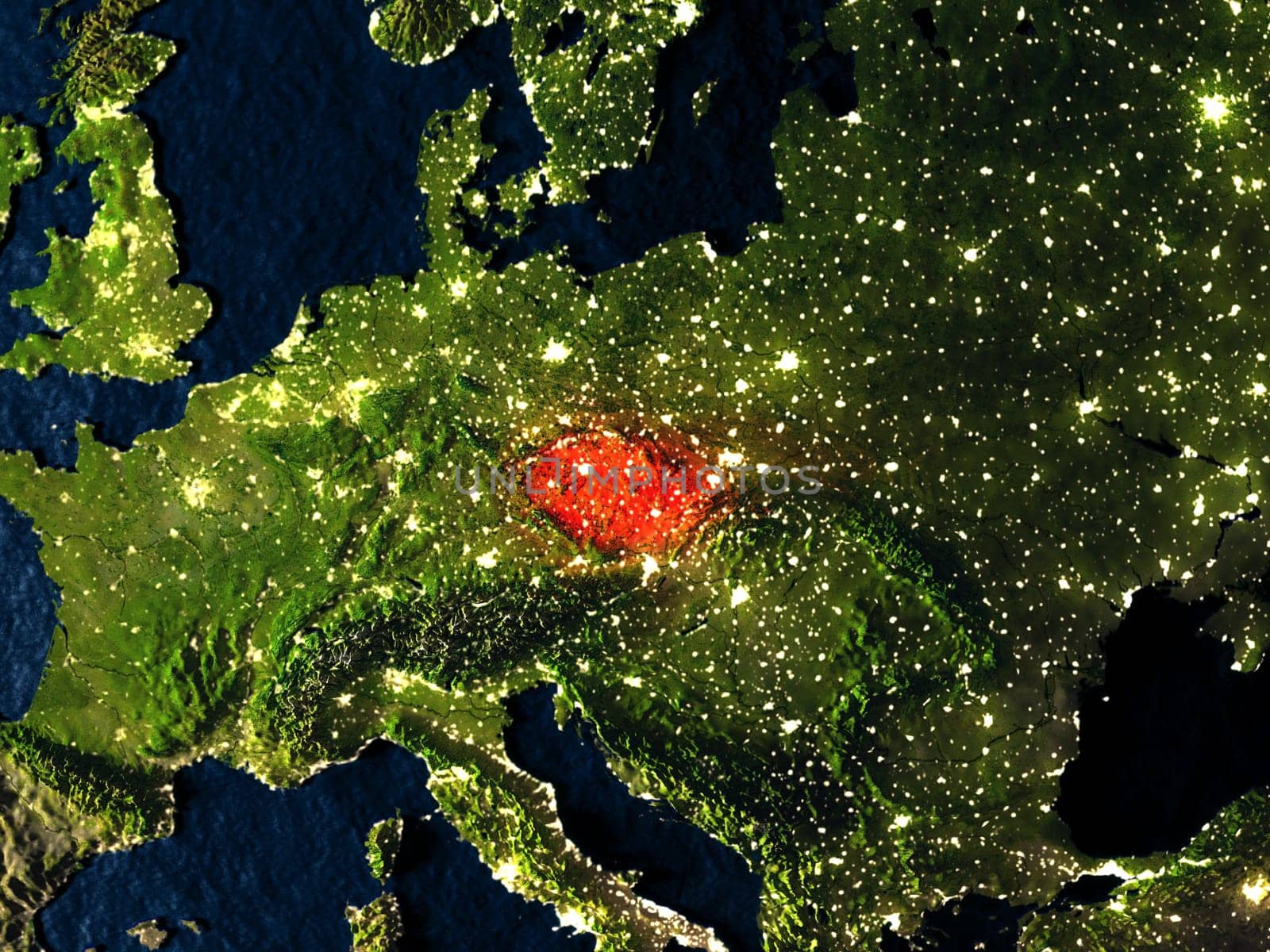 Czech republic in red at night as seen from Earth's orbit in space. 3D illustration with highly detailed realistic planet surface. Elements of this image furnished by NASA.
