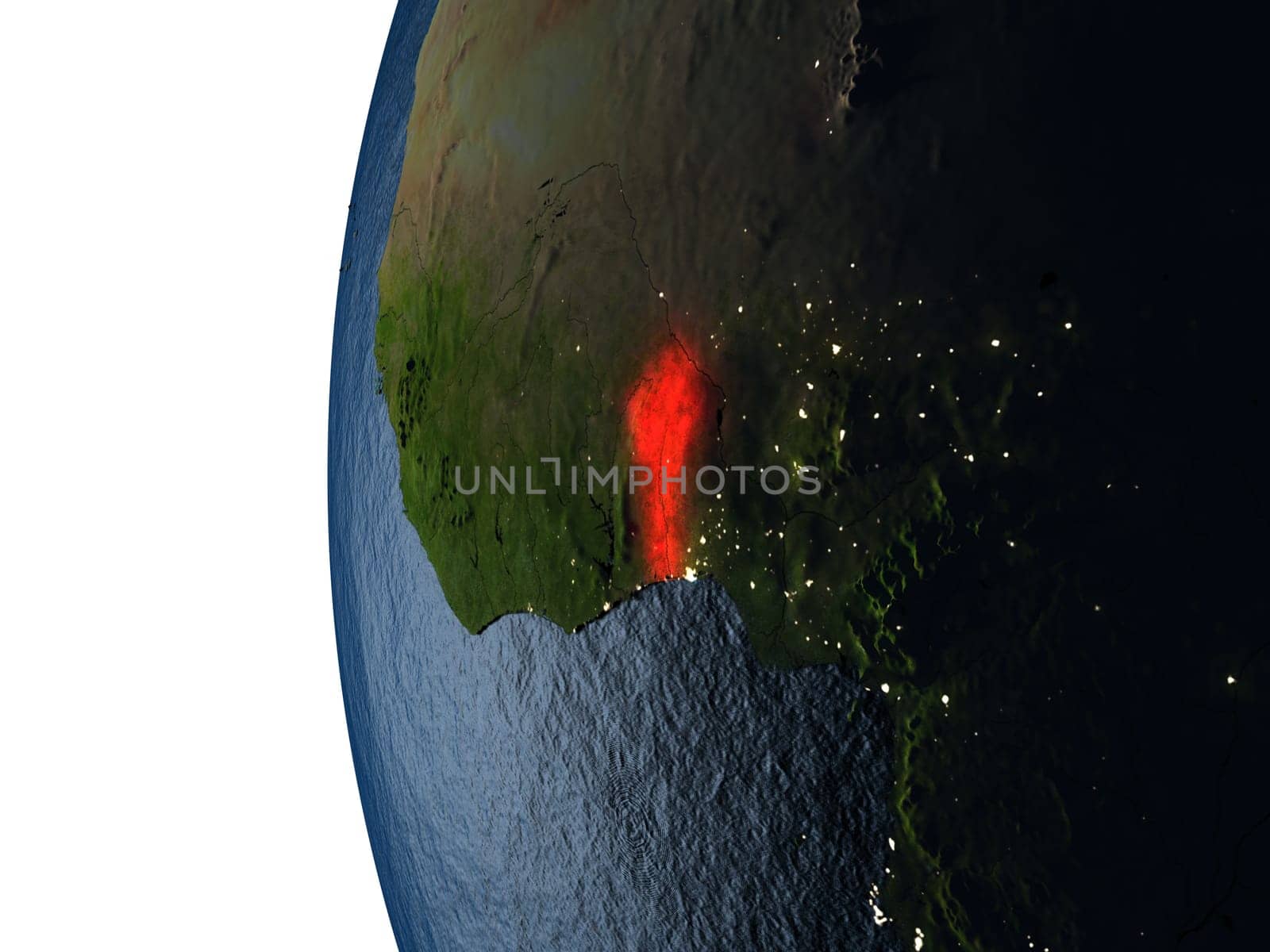Benin highlighted in red on Earth as seen from Earth's orbit in space during sunset. 3D illustration with highly detailed realistic planet surface. Elements of this image furnished by NASA.