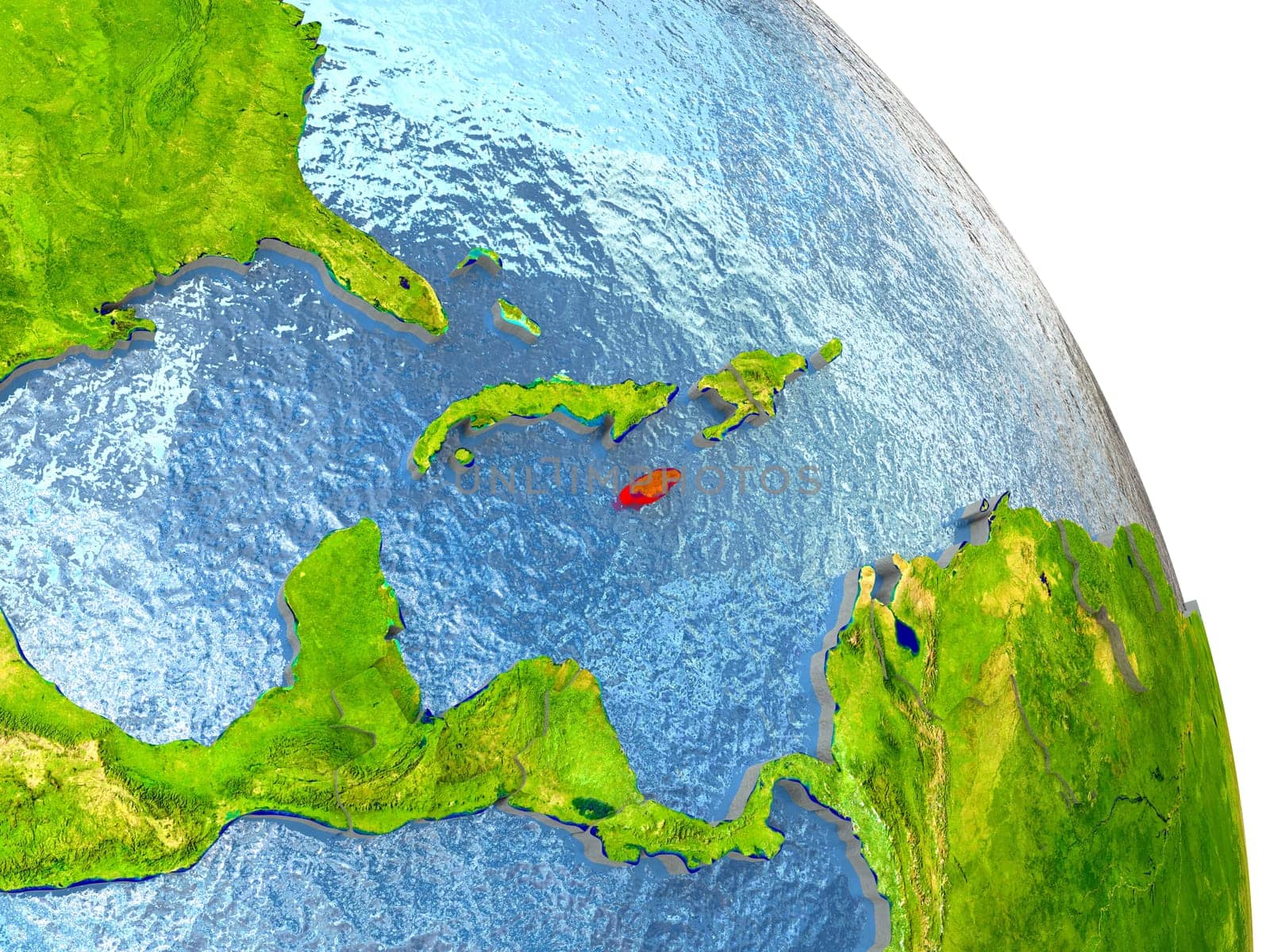 Jamaica in red with surrounding region. 3D illustration with highly detailed realistic planet surface. Elements of this image furnished by NASA.