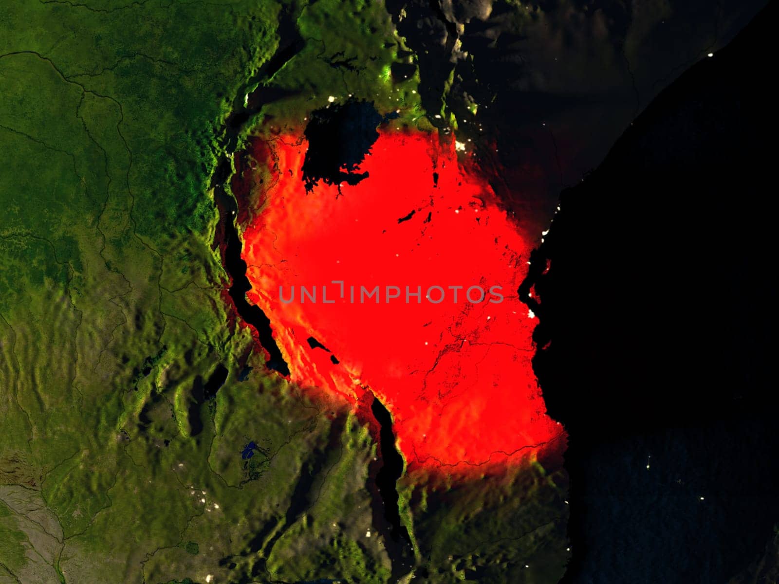 Tanzania in red at night as seen from Earth's orbit in space. 3D illustration with highly detailed realistic planet surface. Elements of this image furnished by NASA.