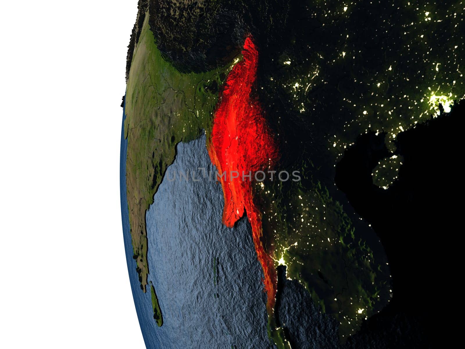 Myanmar highlighted in red on Earth as seen from Earth's orbit in space during sunset. 3D illustration with highly detailed realistic planet surface. Elements of this image furnished by NASA.