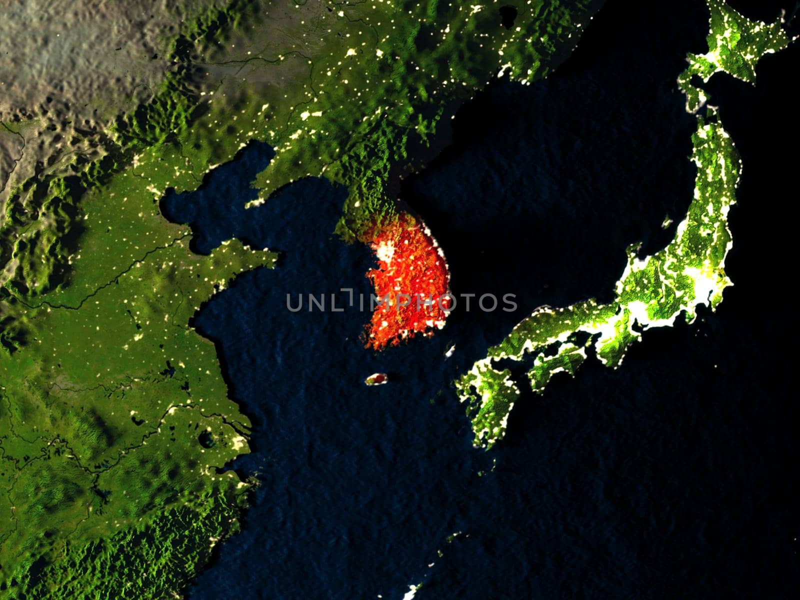 South Korea in red at night as seen from Earth's orbit in space. 3D illustration with highly detailed realistic planet surface. Elements of this image furnished by NASA.