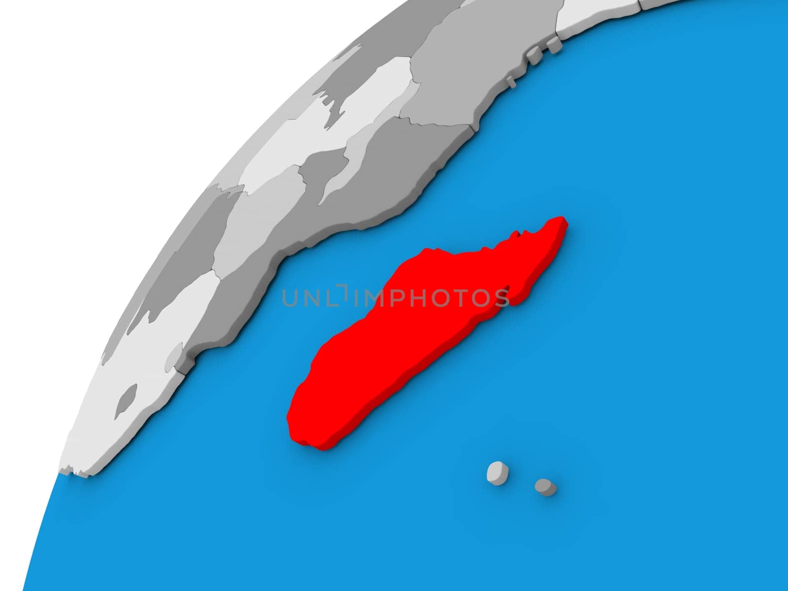 Madagascar highlighted in red on globe with visible country borders. 3D illustration