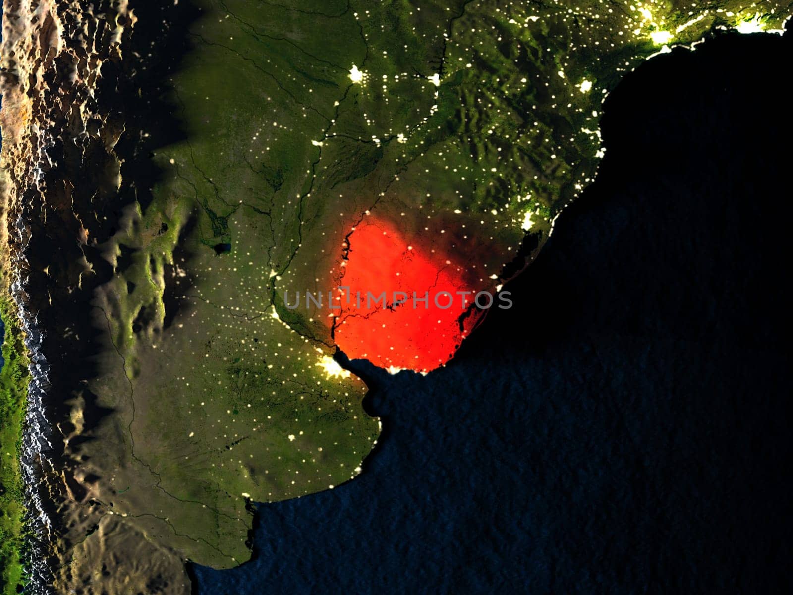Uruguay in red at night as seen from Earth's orbit in space. 3D illustration with highly detailed realistic planet surface. Elements of this image furnished by NASA.