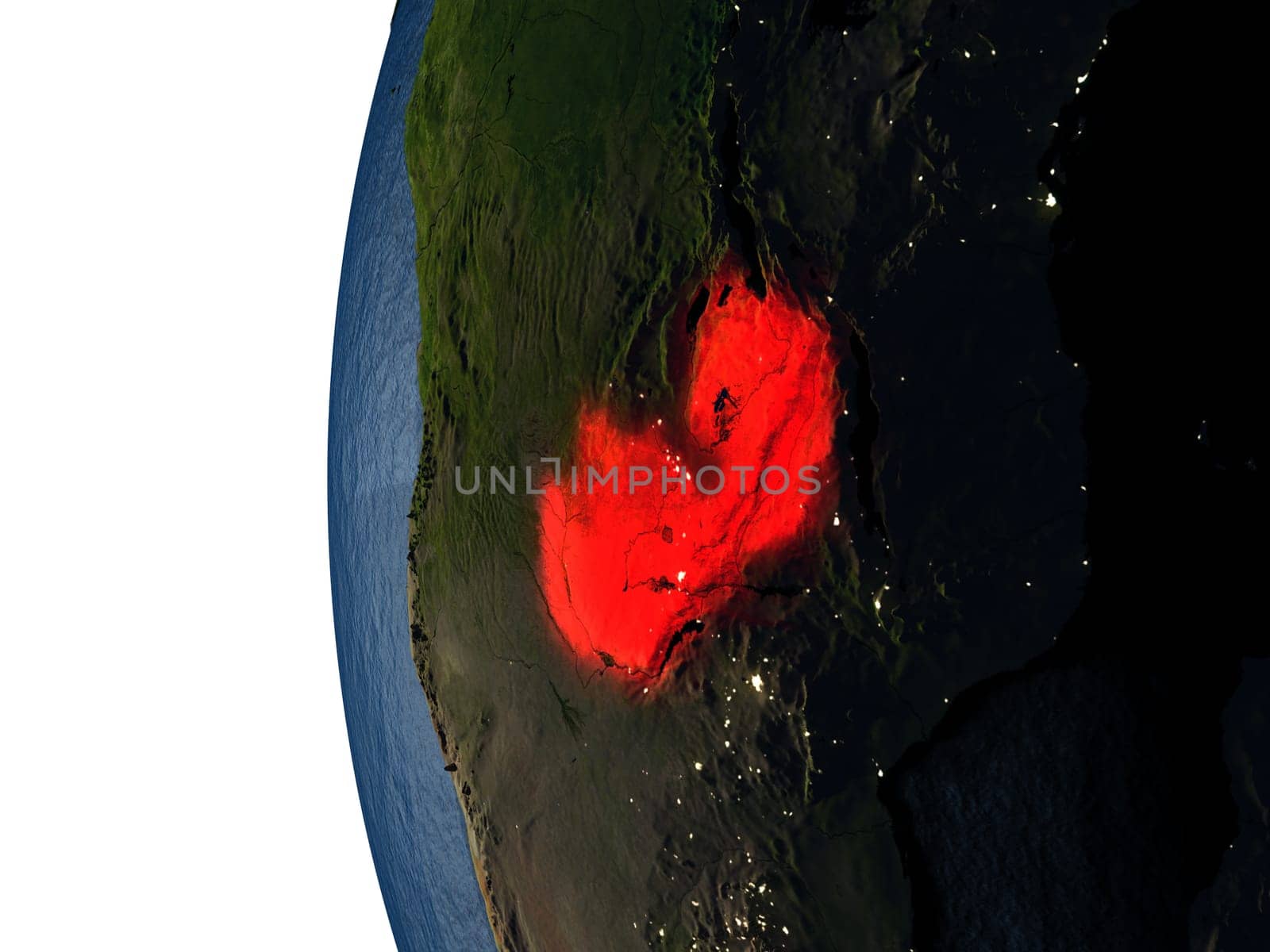 Zambia highlighted in red on Earth as seen from Earth's orbit in space during sunset. 3D illustration with highly detailed realistic planet surface. Elements of this image furnished by NASA.