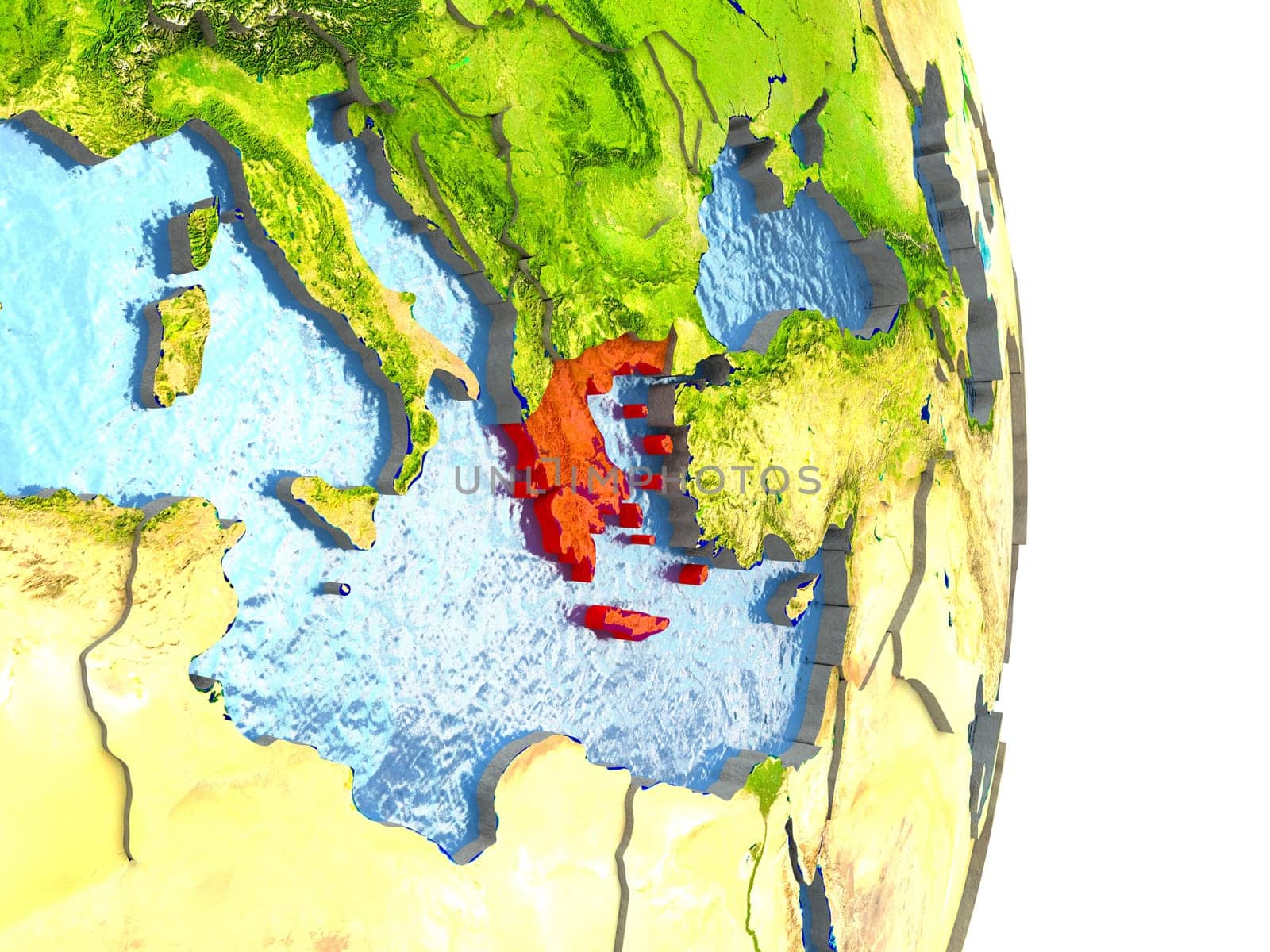 Greece in red with surrounding region. 3D illustration with highly detailed realistic planet surface. Elements of this image furnished by NASA.