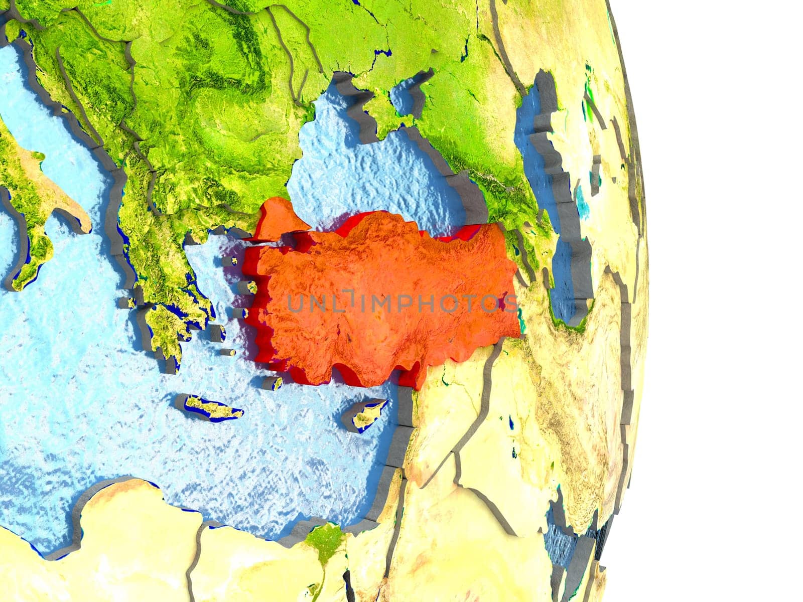 Turkey in red with surrounding region. 3D illustration with highly detailed realistic planet surface. Elements of this image furnished by NASA.