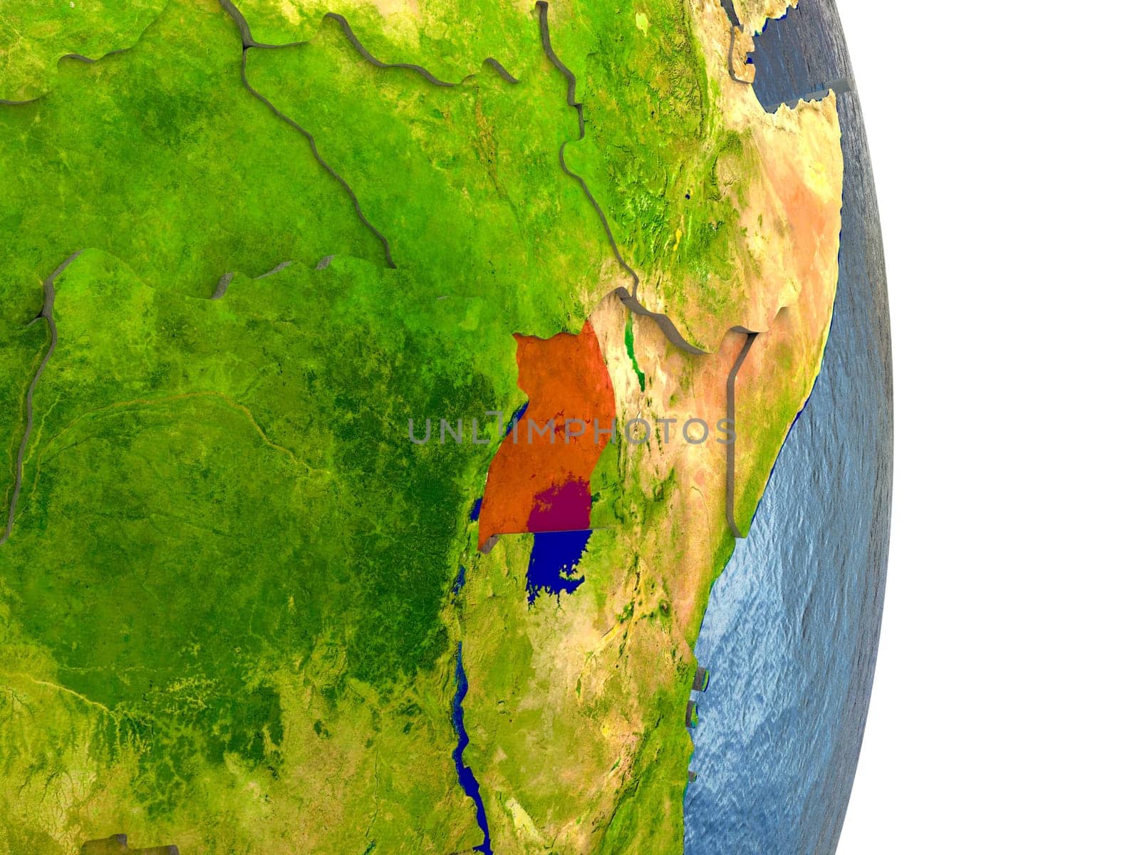 Uganda in red with surrounding region. 3D illustration with highly detailed realistic planet surface. Elements of this image furnished by NASA.