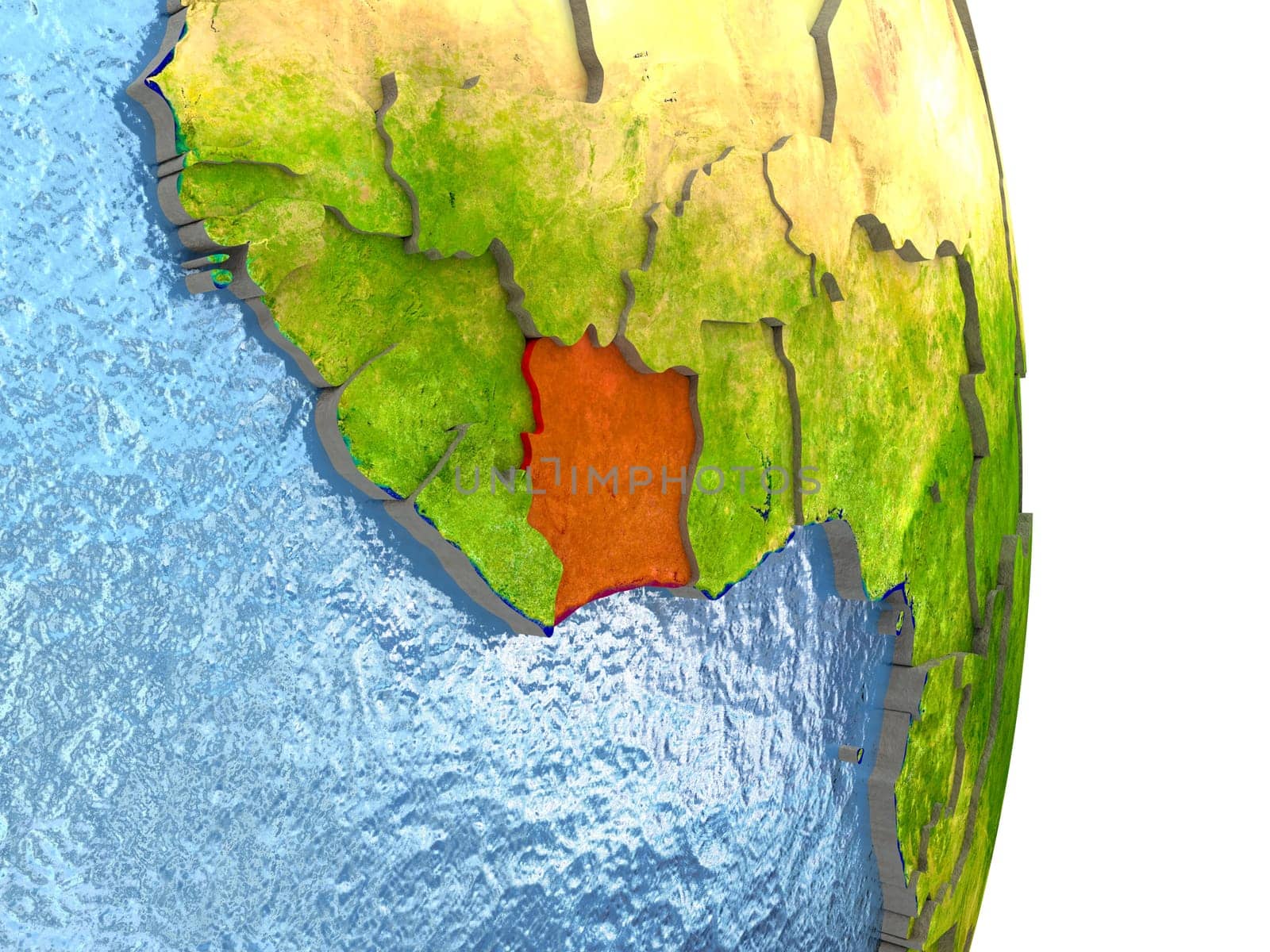 Ivory Coast in red with surrounding region. 3D illustration with highly detailed realistic planet surface. Elements of this image furnished by NASA.