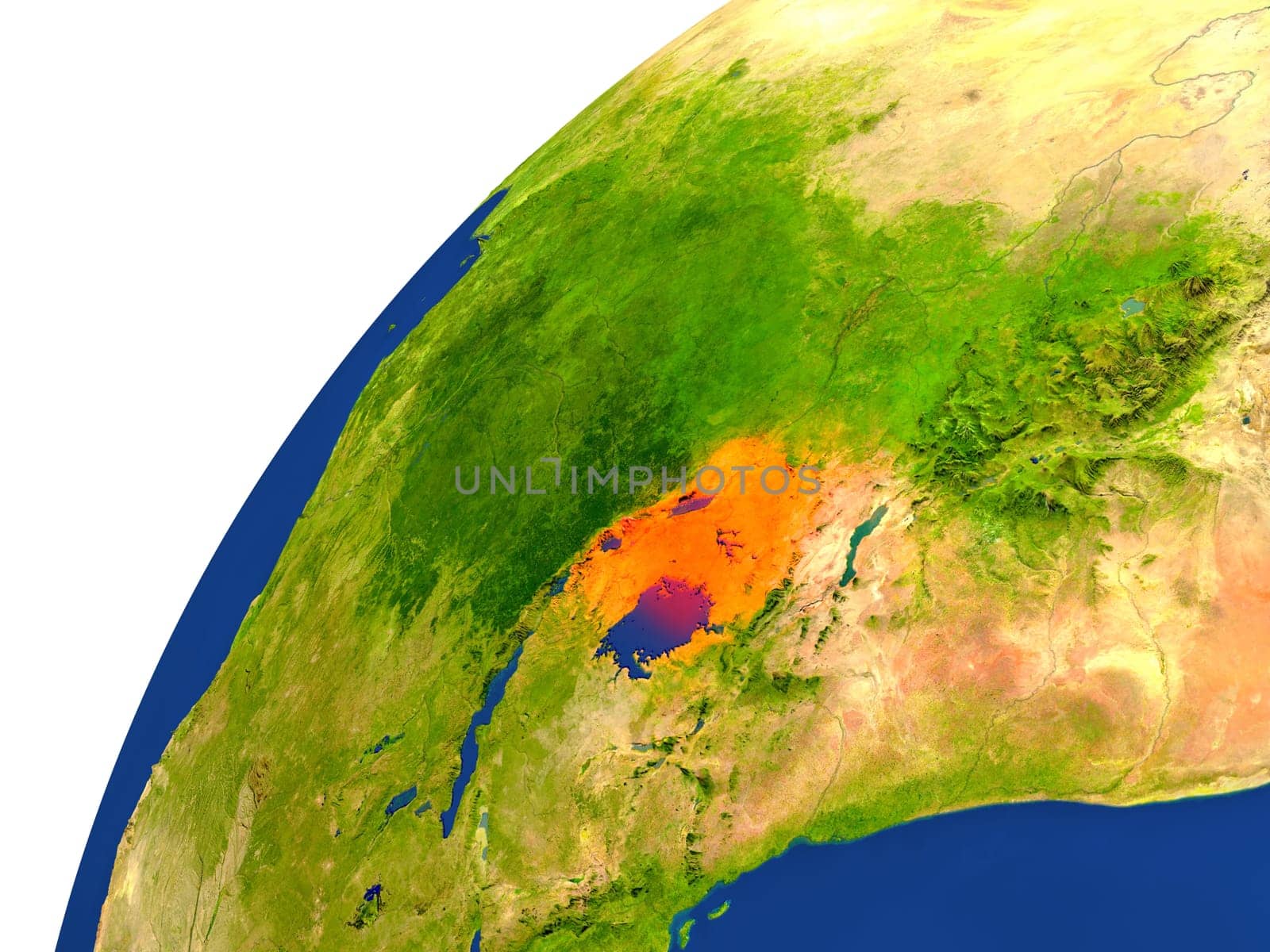 Uganda highlighted in red as seen from Earth's orbit in space. 3D illustration with highly detailed realistic planet surface. Elements of this image furnished by NASA.