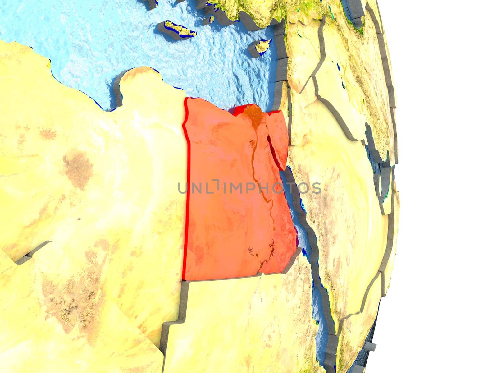Egypt in red with surrounding region. 3D illustration with highly detailed realistic planet surface. Elements of this image furnished by NASA.