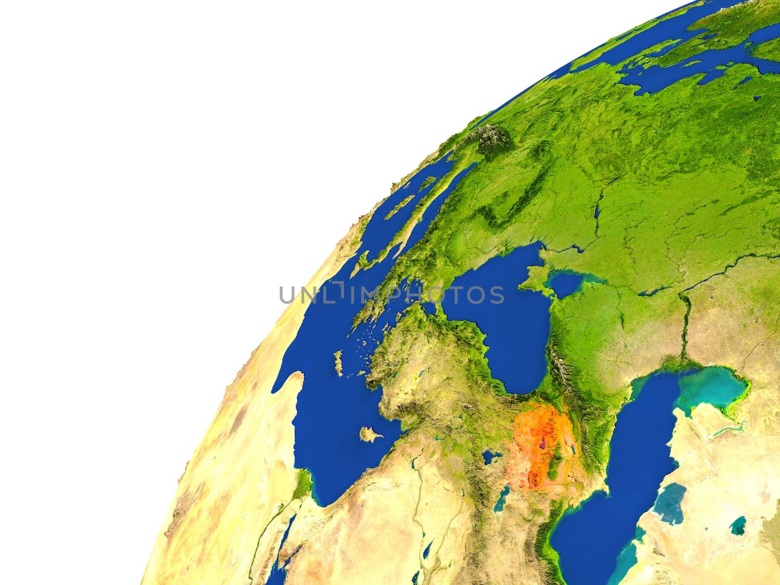 Armenia highlighted in red as seen from Earth's orbit in space. 3D illustration with highly detailed realistic planet surface. Elements of this image furnished by NASA.