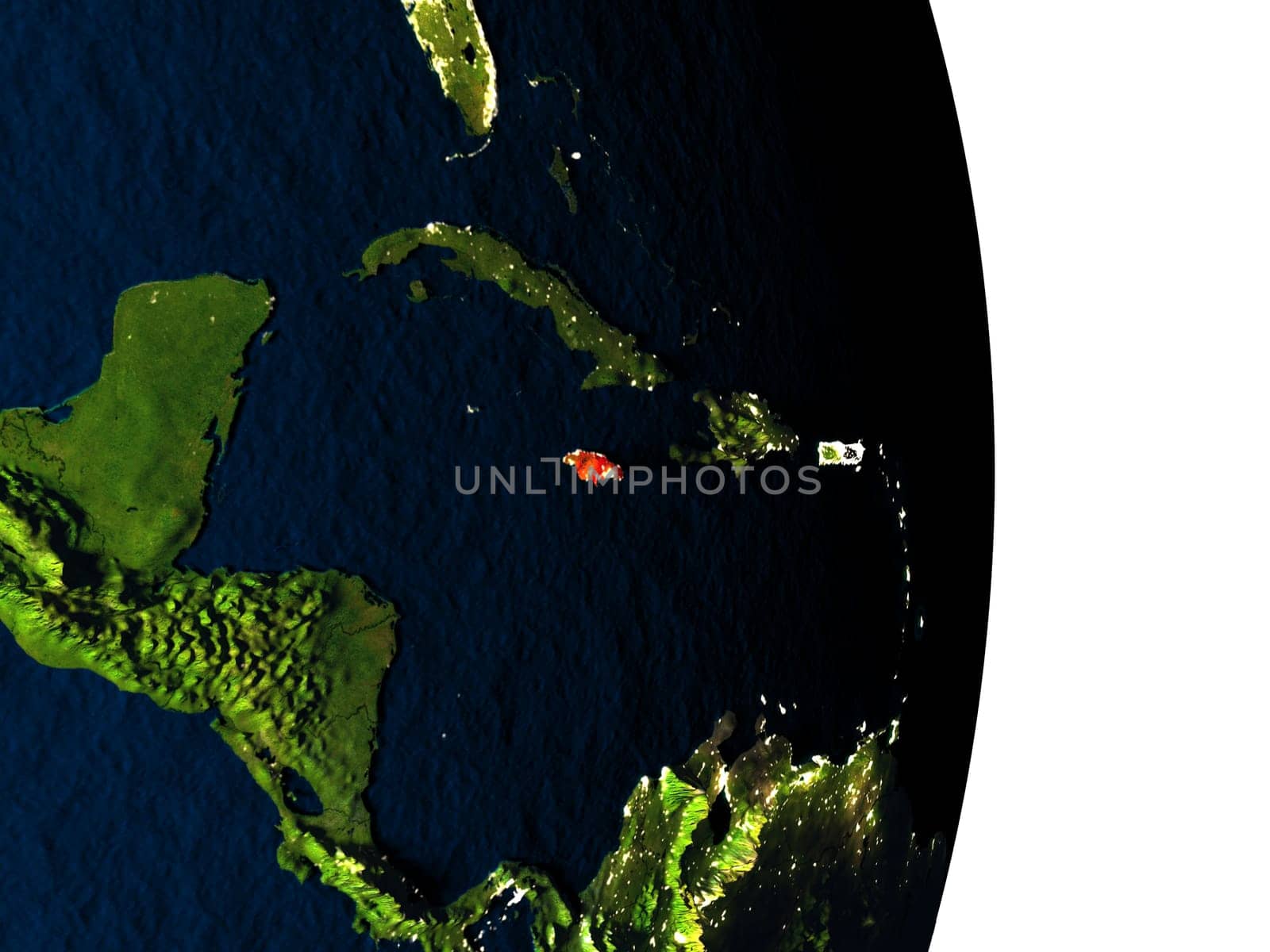 Dusk over Jamaica highlighted in red with city lights as seen from Earth's orbit in space. 3D illustration with highly detailed realistic planet surface. Elements of this image furnished by NASA.