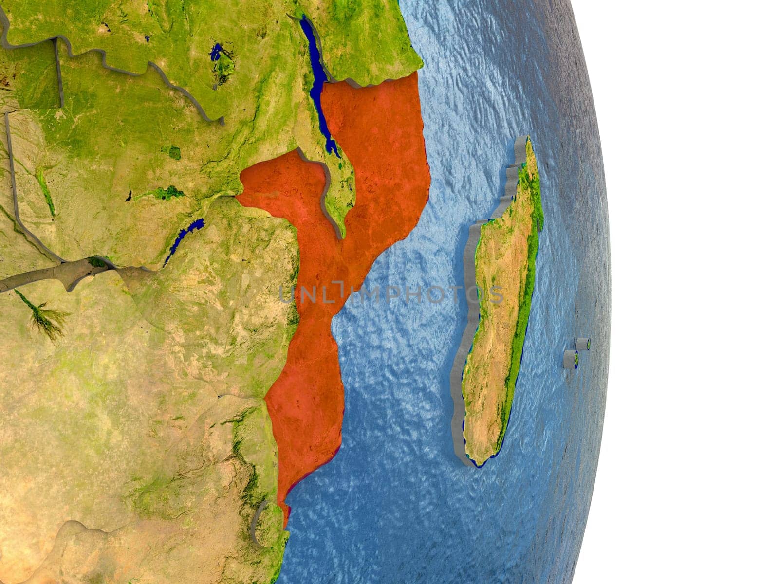 Mozambique in red with surrounding region. 3D illustration with highly detailed realistic planet surface. Elements of this image furnished by NASA.