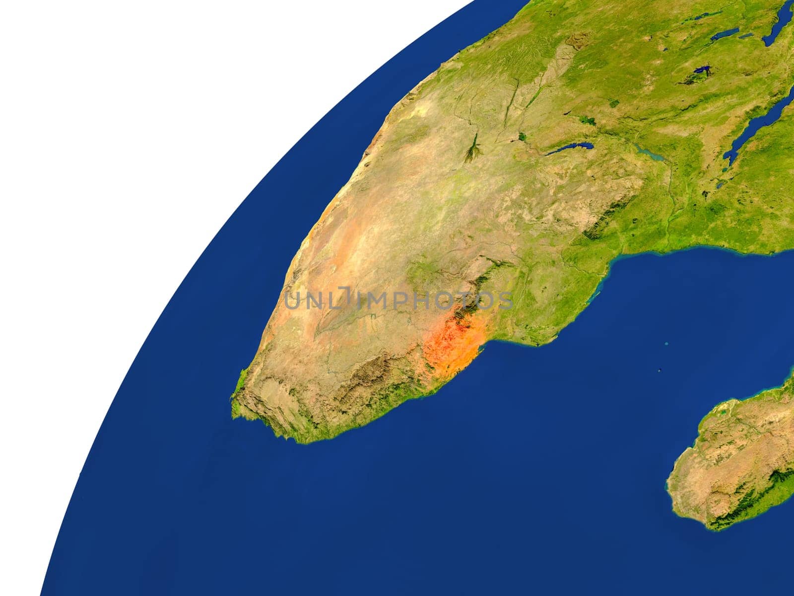 Swaziland highlighted in red as seen from Earth's orbit in space. 3D illustration with highly detailed realistic planet surface. Elements of this image furnished by NASA.
