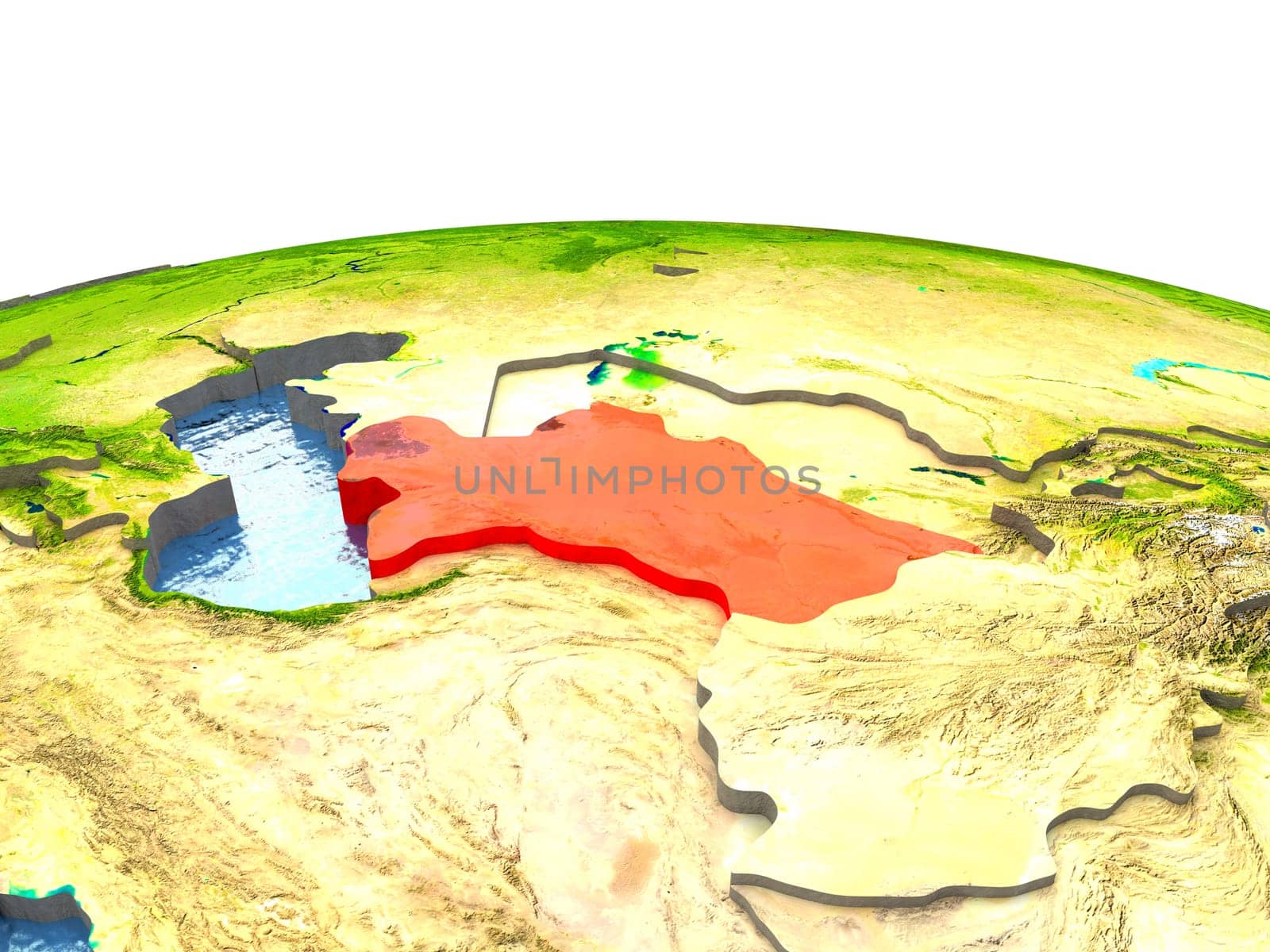 Turkmenistan highlighted in red on globe with surrounding region. 3D illustration with highly detailed realistic planet surface. Elements of this image furnished by NASA.