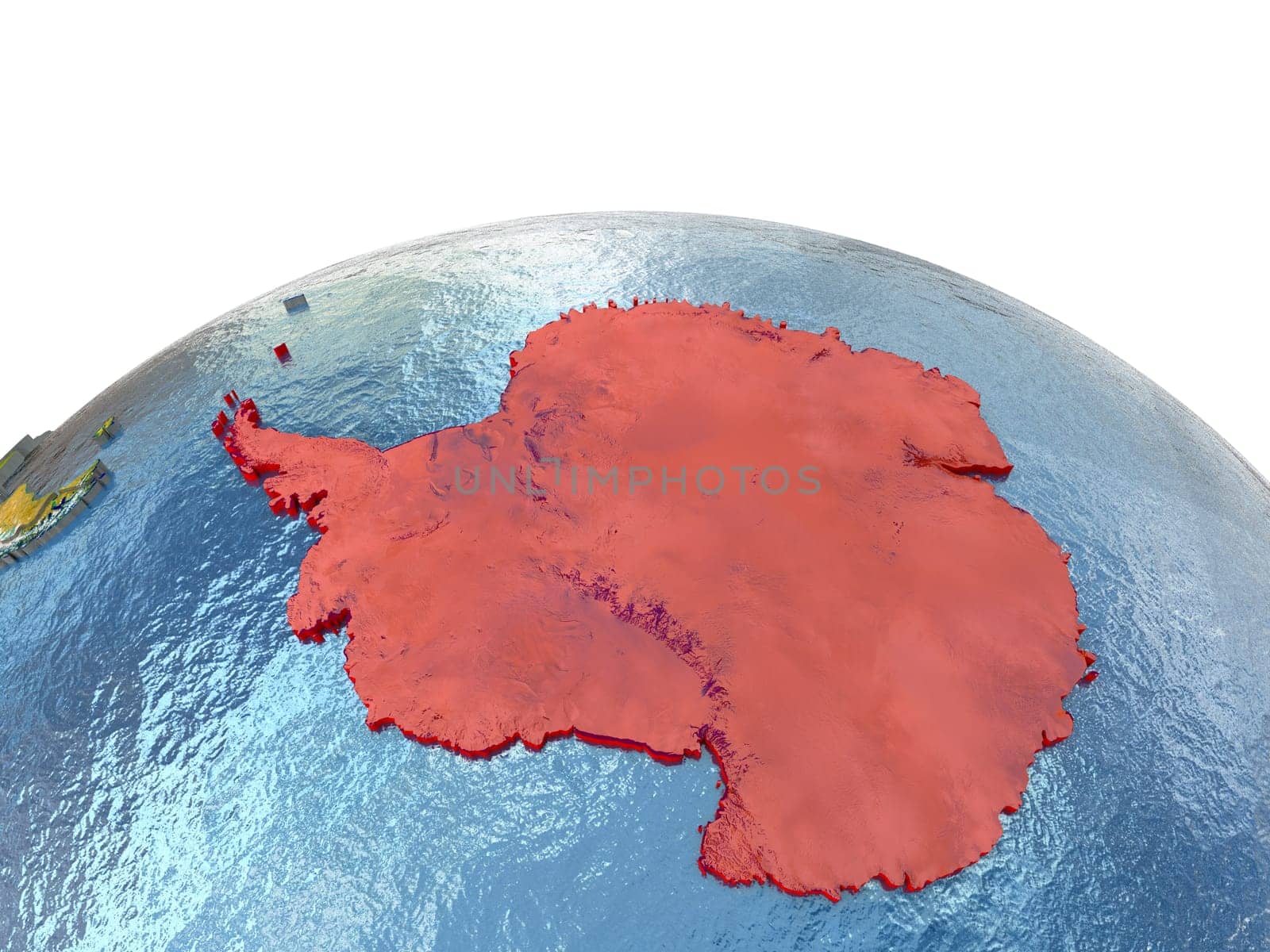 Antarctica highlighted in red on globe with surrounding region. 3D illustration with highly detailed realistic planet surface. Elements of this image furnished by NASA.