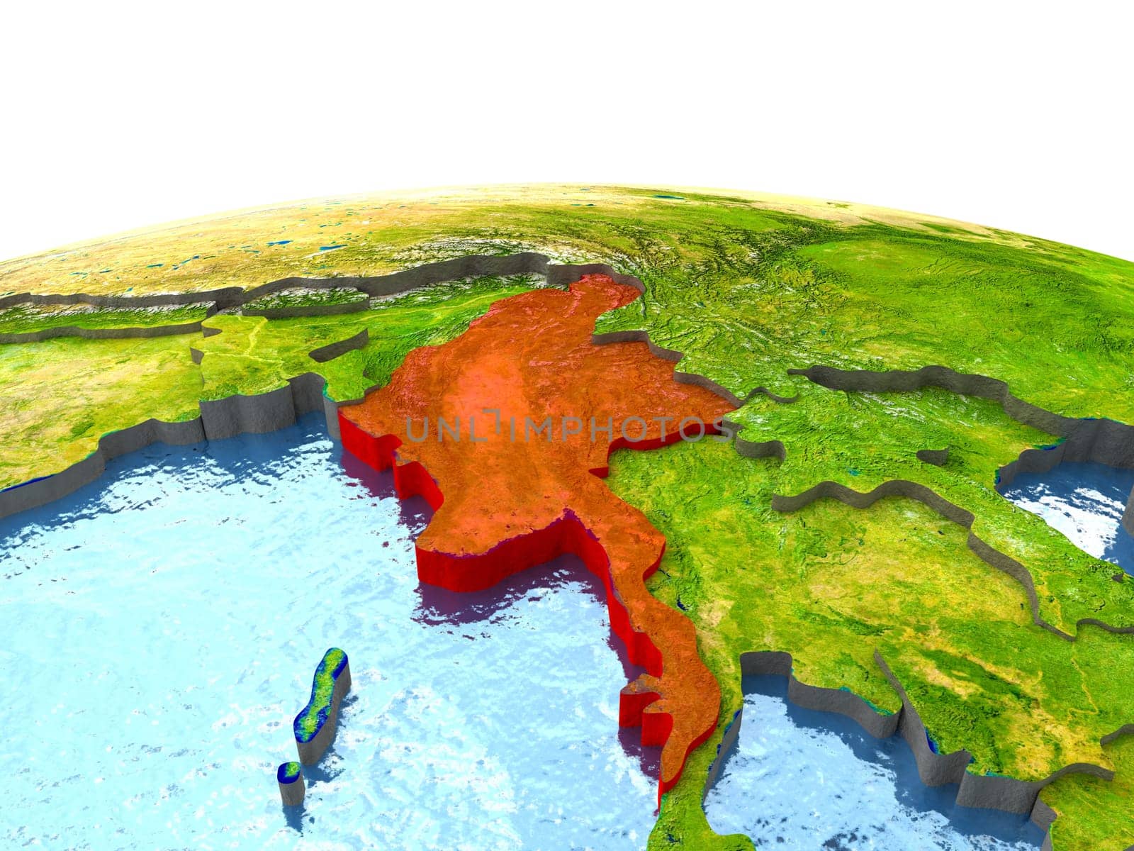 Myanmar highlighted in red on globe with surrounding region. 3D illustration with highly detailed realistic planet surface. Elements of this image furnished by NASA.