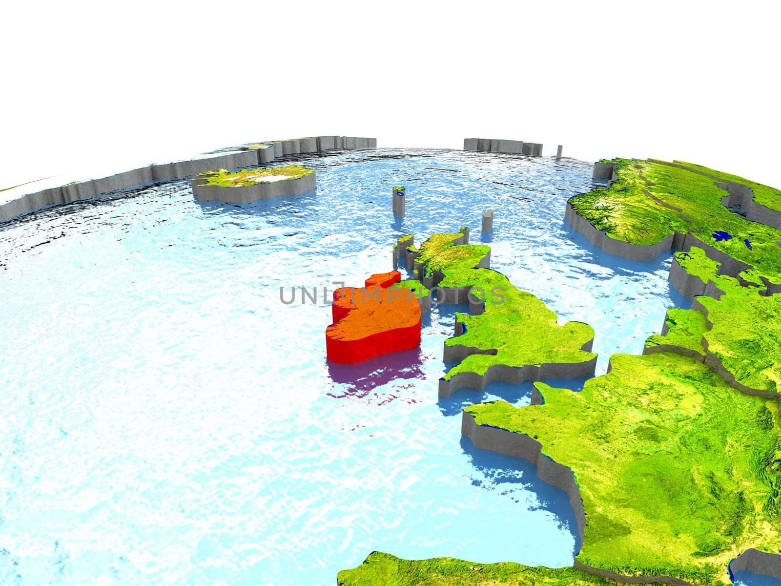 Ireland highlighted in red on globe with surrounding region. 3D illustration with highly detailed realistic planet surface. Elements of this image furnished by NASA.