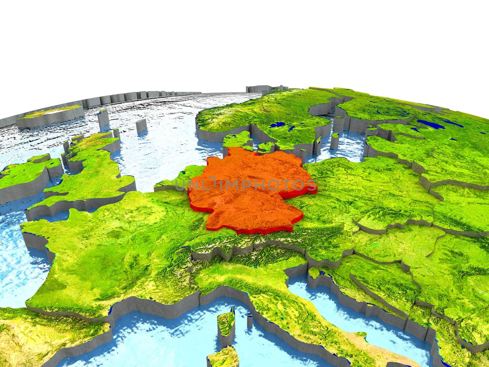 Germany highlighted in red on globe with surrounding region. 3D illustration with highly detailed realistic planet surface. Elements of this image furnished by NASA.