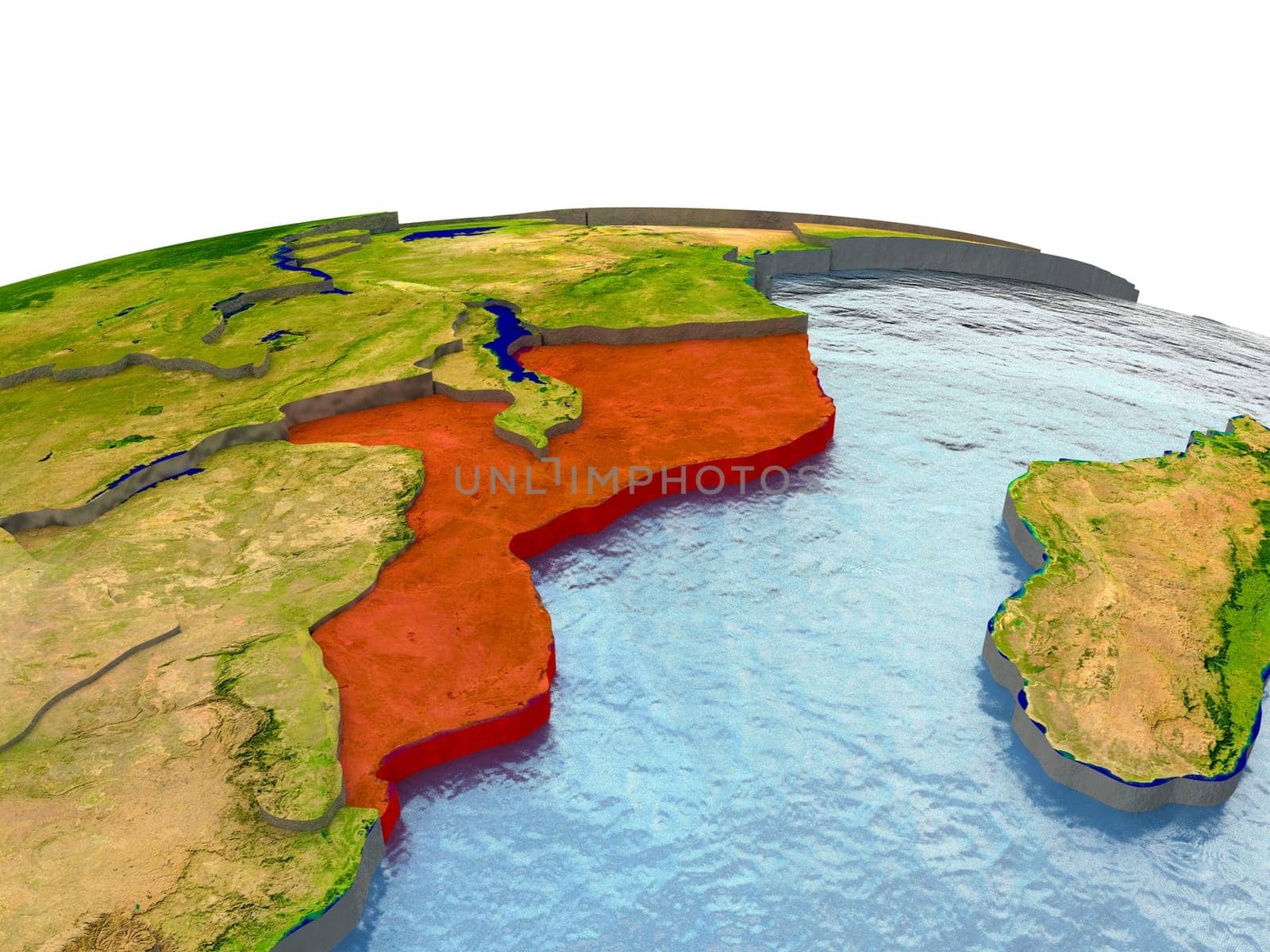 Mozambique highlighted in red on globe with surrounding region. 3D illustration with highly detailed realistic planet surface. Elements of this image furnished by NASA.