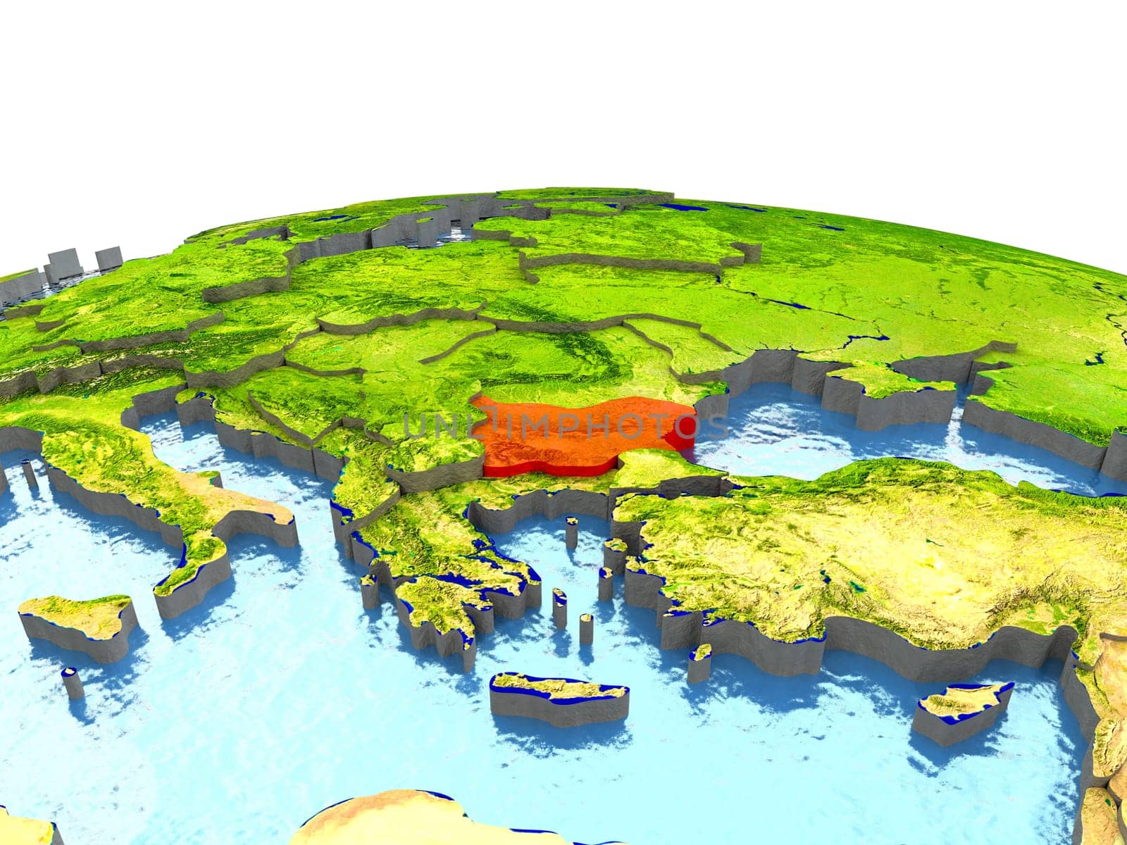 Bulgaria highlighted in red on globe with surrounding region. 3D illustration with highly detailed realistic planet surface. Elements of this image furnished by NASA.
