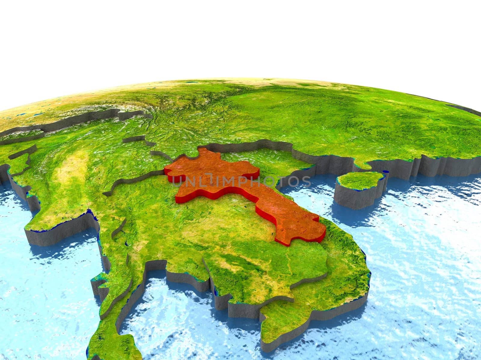 Laos highlighted in red on globe with surrounding region. 3D illustration with highly detailed realistic planet surface. Elements of this image furnished by NASA.
