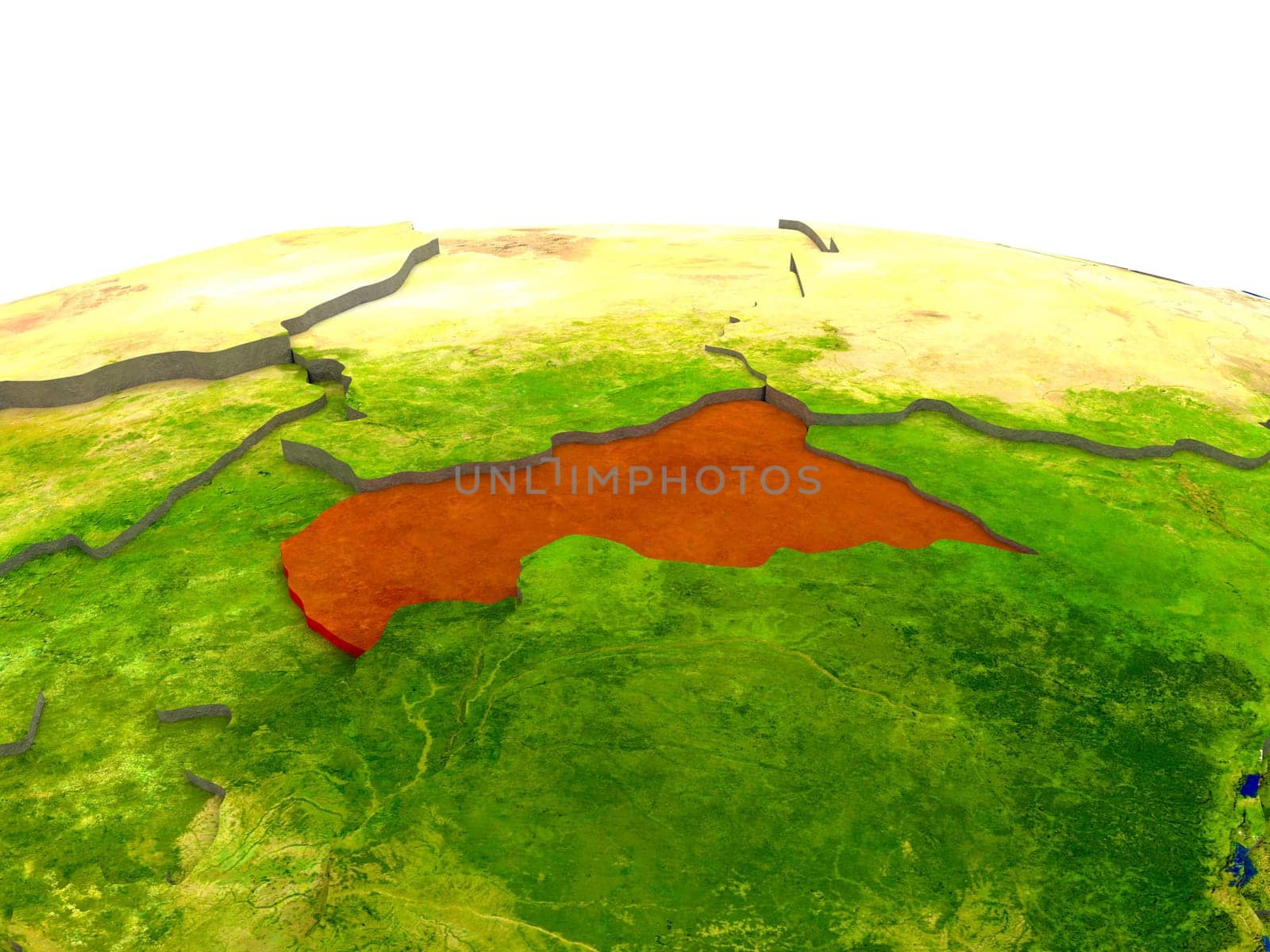 Central Africa highlighted in red on globe with surrounding region. 3D illustration with highly detailed realistic planet surface. Elements of this image furnished by NASA.