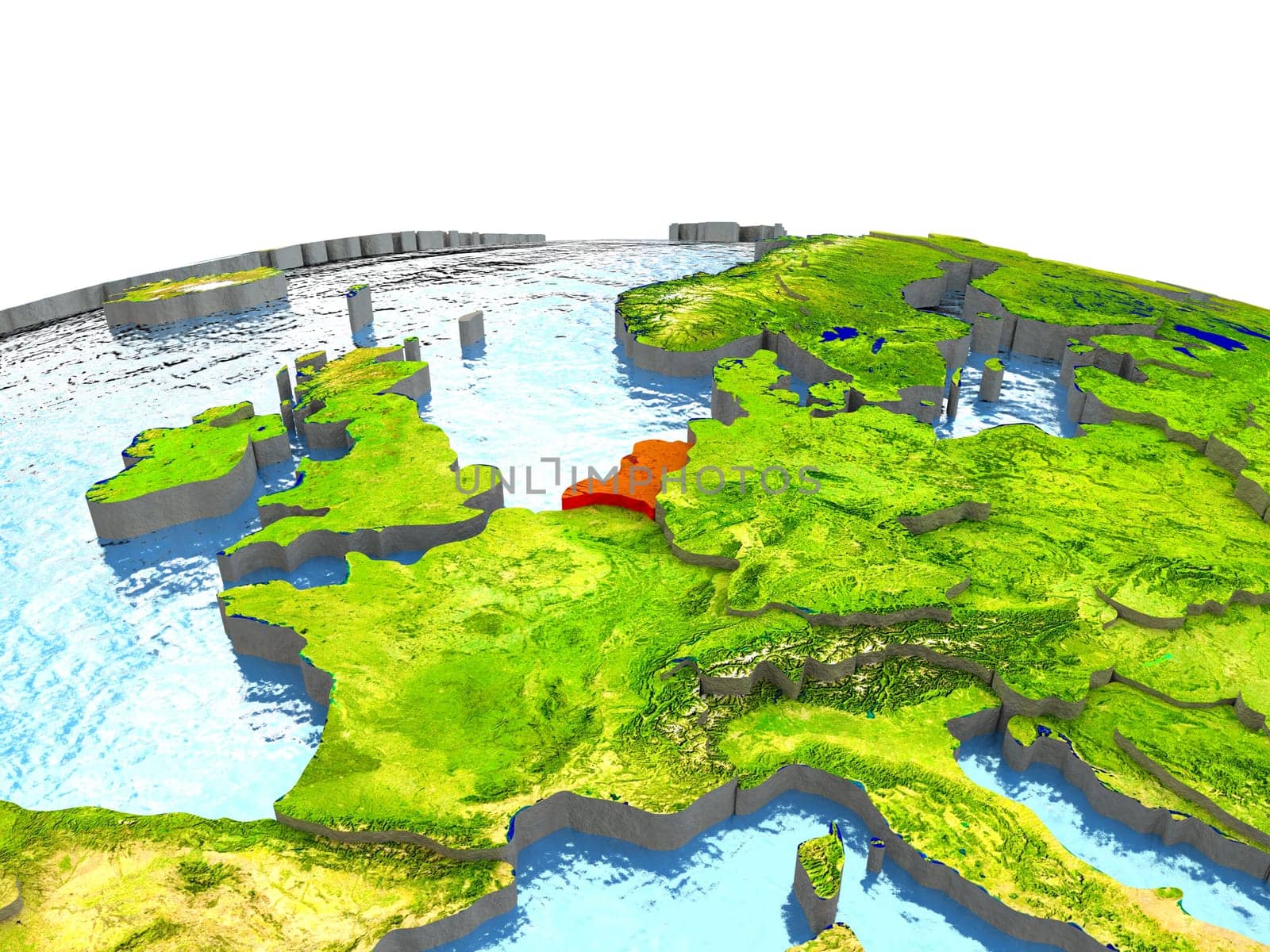 Netherlands highlighted in red on globe with surrounding region. 3D illustration with highly detailed realistic planet surface. Elements of this image furnished by NASA.
