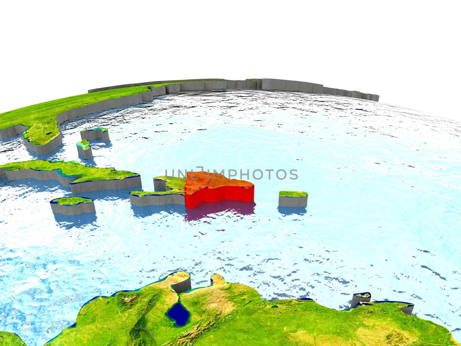 Dominican Republic highlighted in red on globe with surrounding region. 3D illustration with highly detailed realistic planet surface. Elements of this image furnished by NASA.
