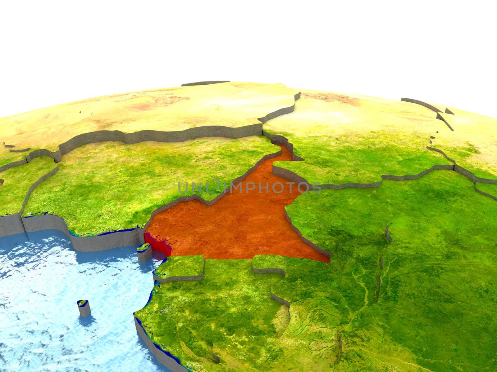 Cameroon highlighted in red on globe with surrounding region. 3D illustration with highly detailed realistic planet surface. Elements of this image furnished by NASA.