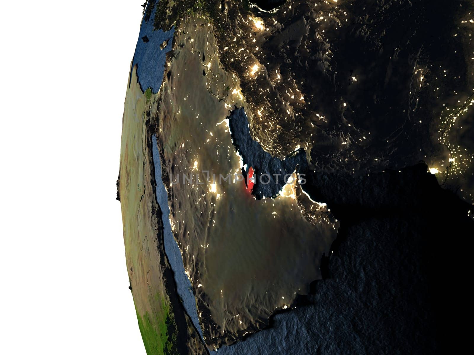 Qatar highlighted in red on Earth as seen from Earth's orbit in space during sunset. 3D illustration with highly detailed realistic planet surface. Elements of this image furnished by NASA.