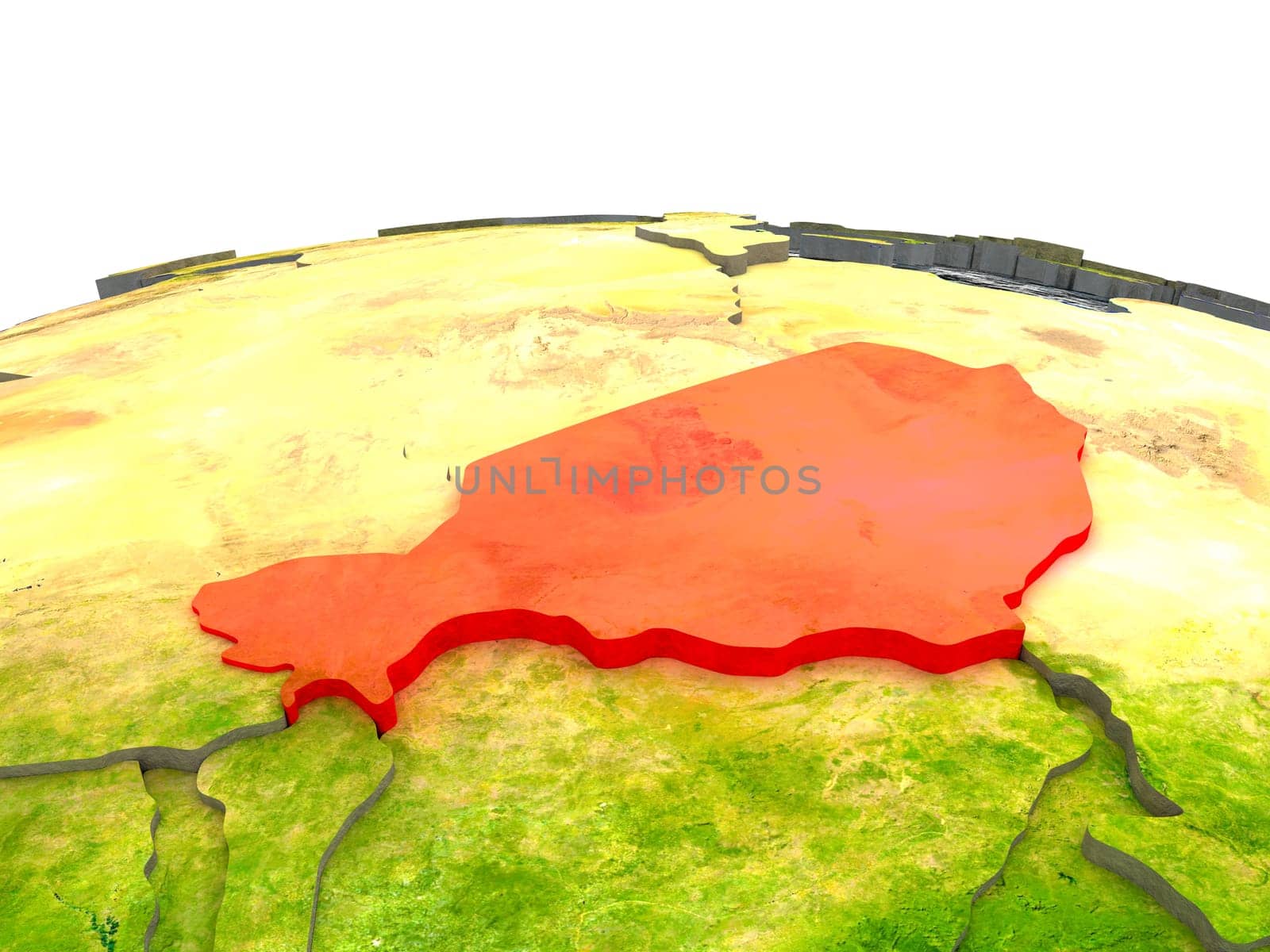 Niger highlighted in red on globe with surrounding region. 3D illustration with highly detailed realistic planet surface. Elements of this image furnished by NASA.