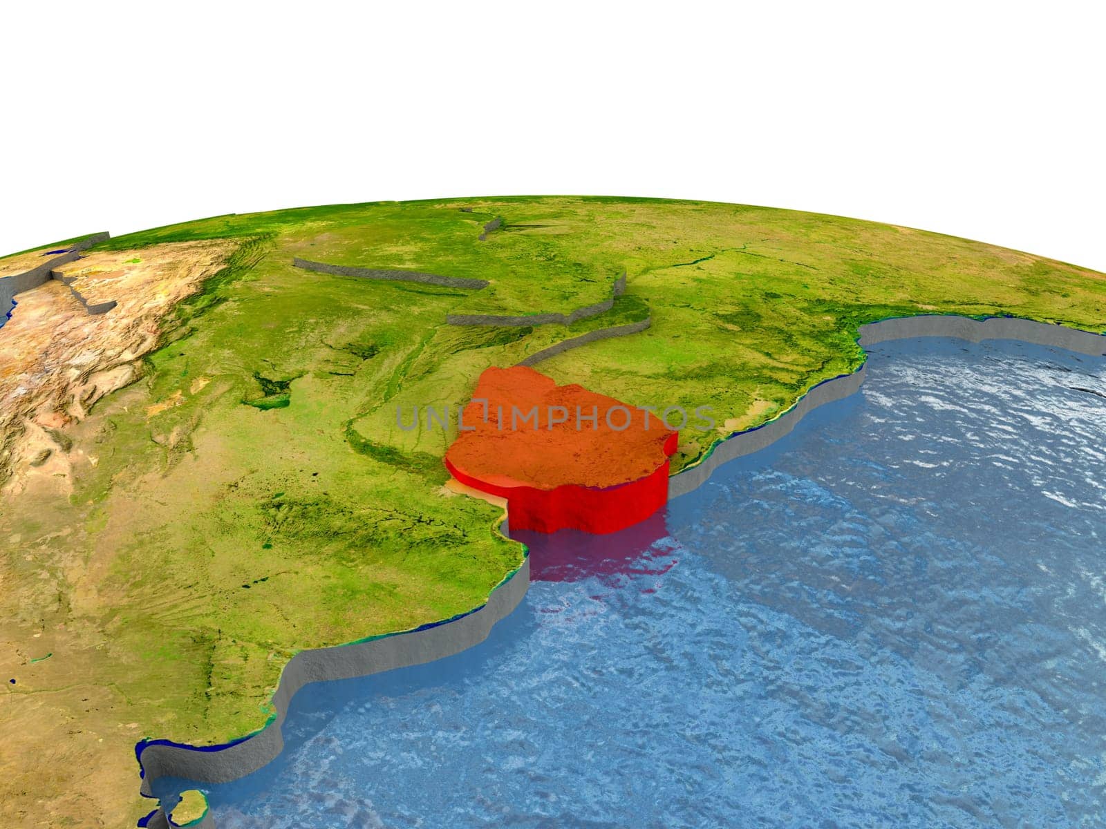 Uruguay highlighted in red on globe with surrounding region. 3D illustration with highly detailed realistic planet surface. Elements of this image furnished by NASA.