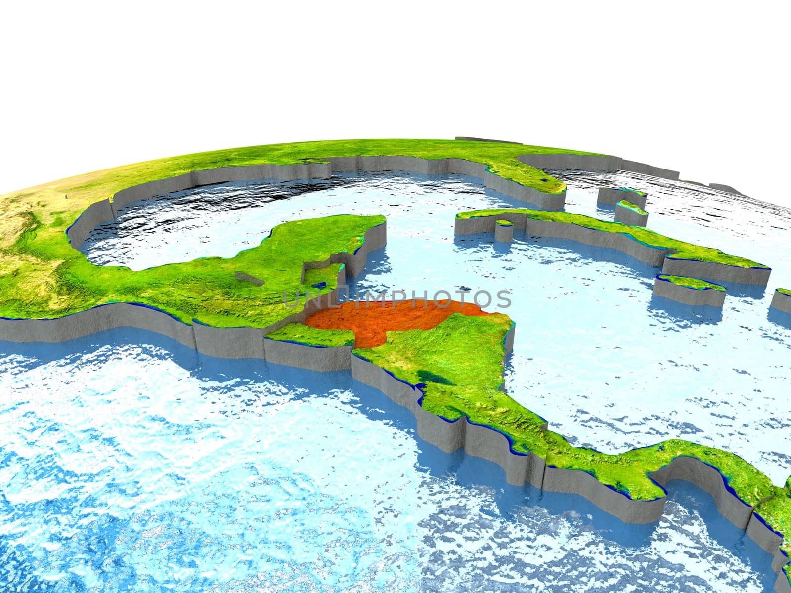 Honduras highlighted in red on globe with surrounding region. 3D illustration with highly detailed realistic planet surface. Elements of this image furnished by NASA.