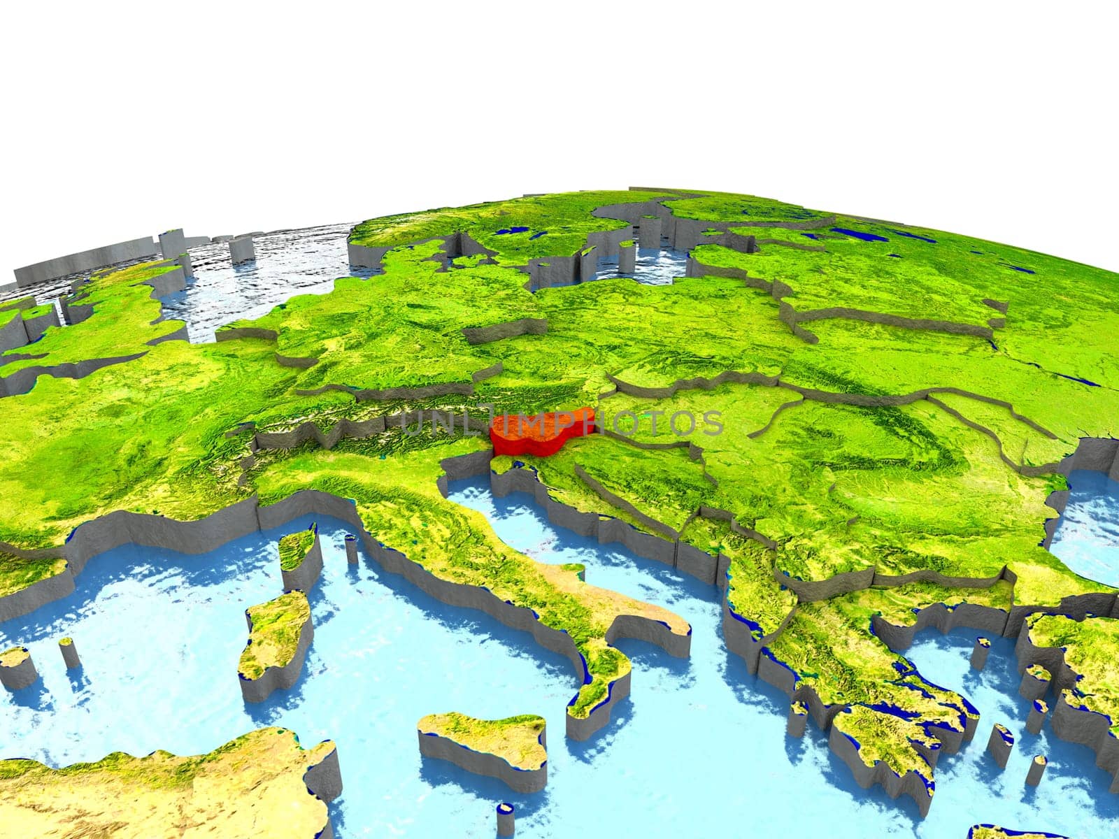 Slovenia highlighted in red on globe with surrounding region. 3D illustration with highly detailed realistic planet surface. Elements of this image furnished by NASA.