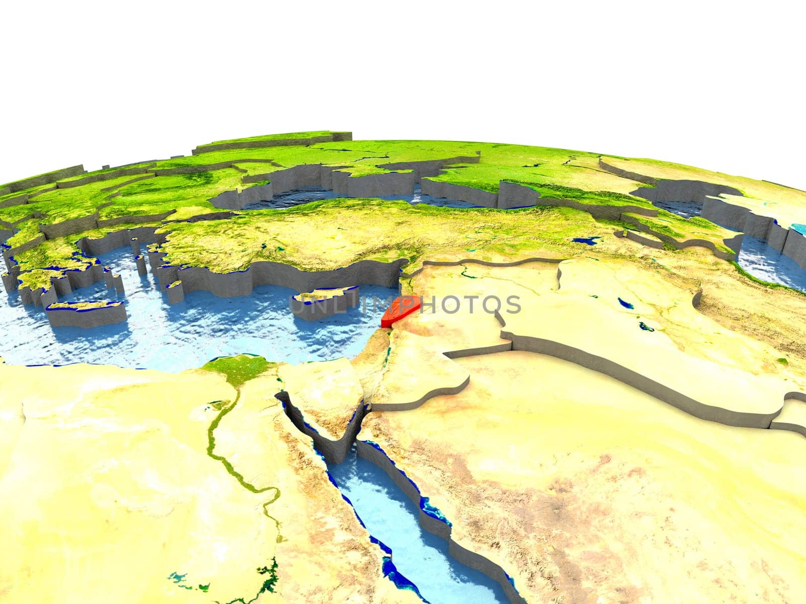 Lebanon highlighted in red on globe with surrounding region. 3D illustration with highly detailed realistic planet surface. Elements of this image furnished by NASA.