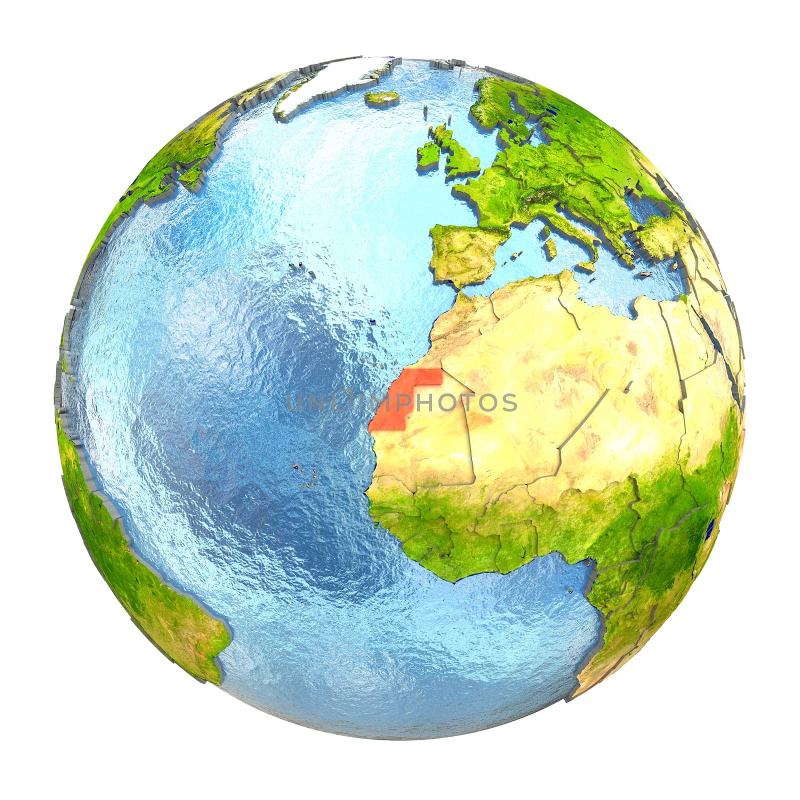 Western Sahara highlighted in red on Earth. 3D illustration with highly detailed realistic planet surface isolated on white background. Elements of this image furnished by NASA.