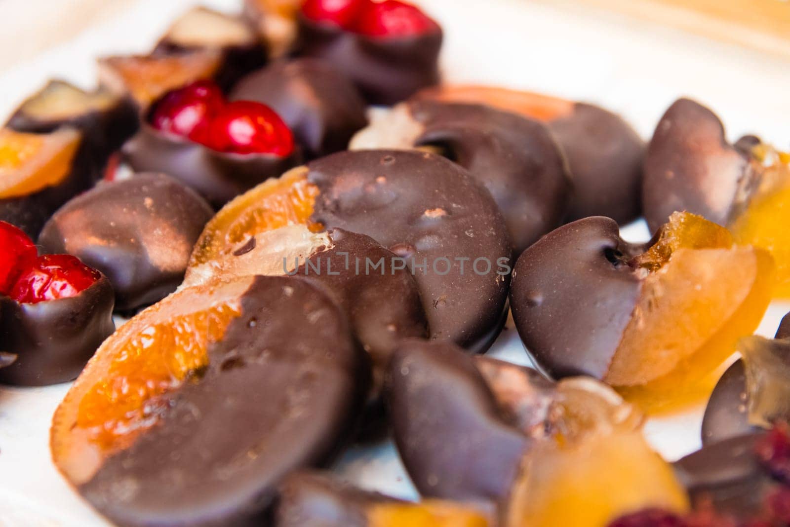 Close-up on variety of belgian chocolate pralines