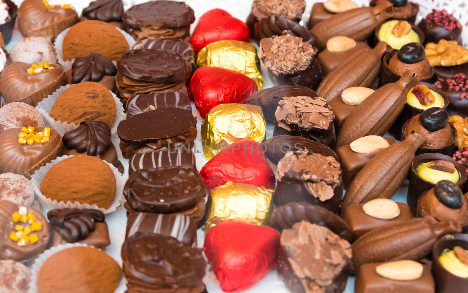 Close-up on variety of belgian chocolate pralines