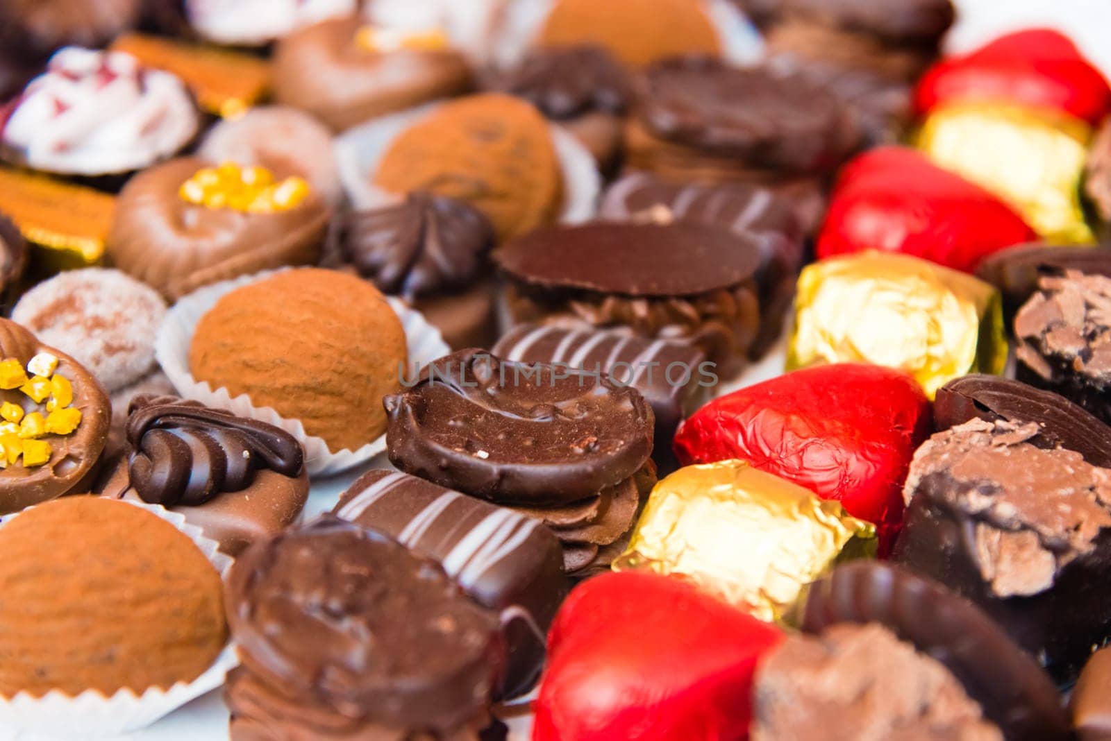 Close-up on variety of belgian chocolate pralines