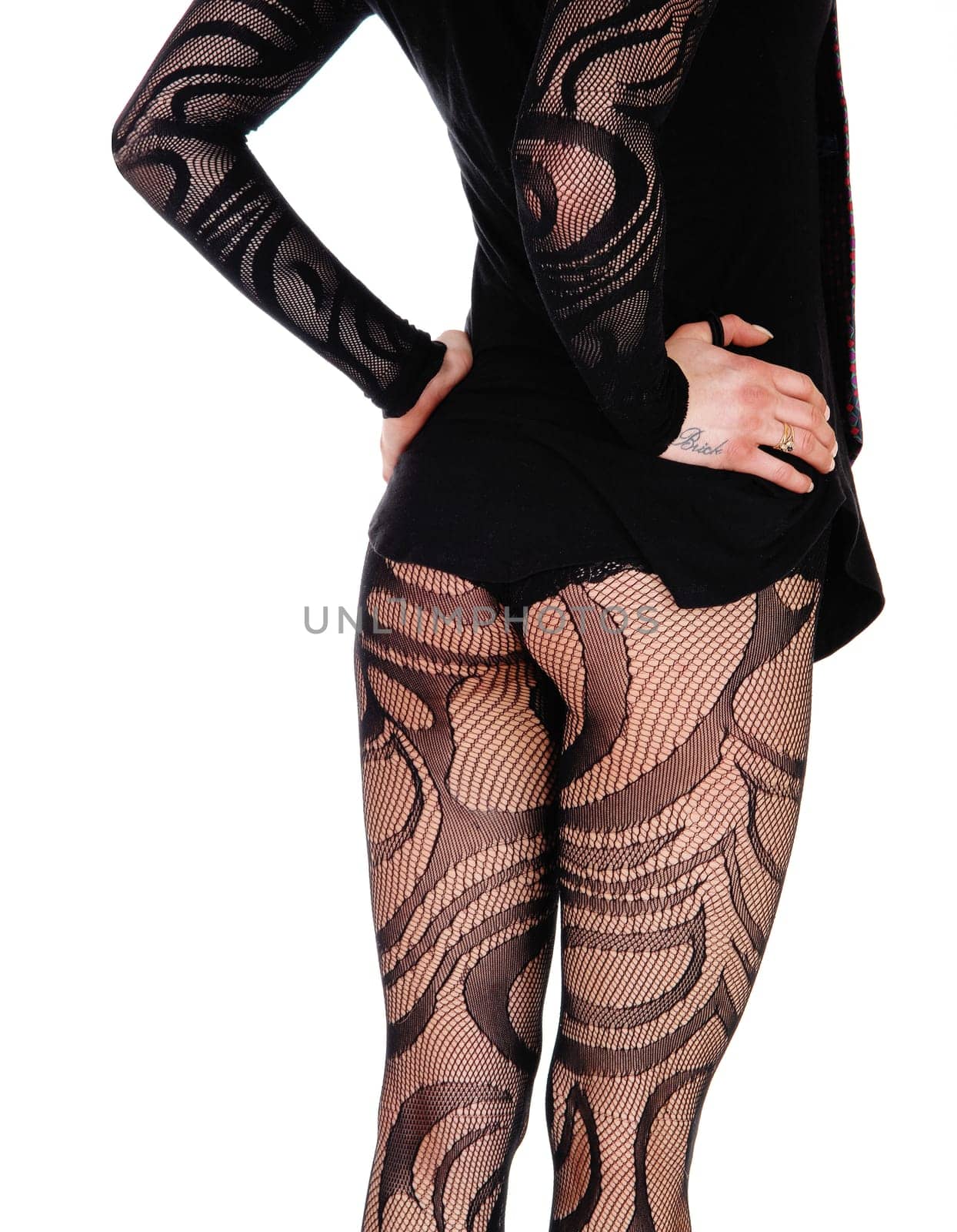 The back and bottom of a young woman in a black bodysuit standing.isolated for white background, body part..