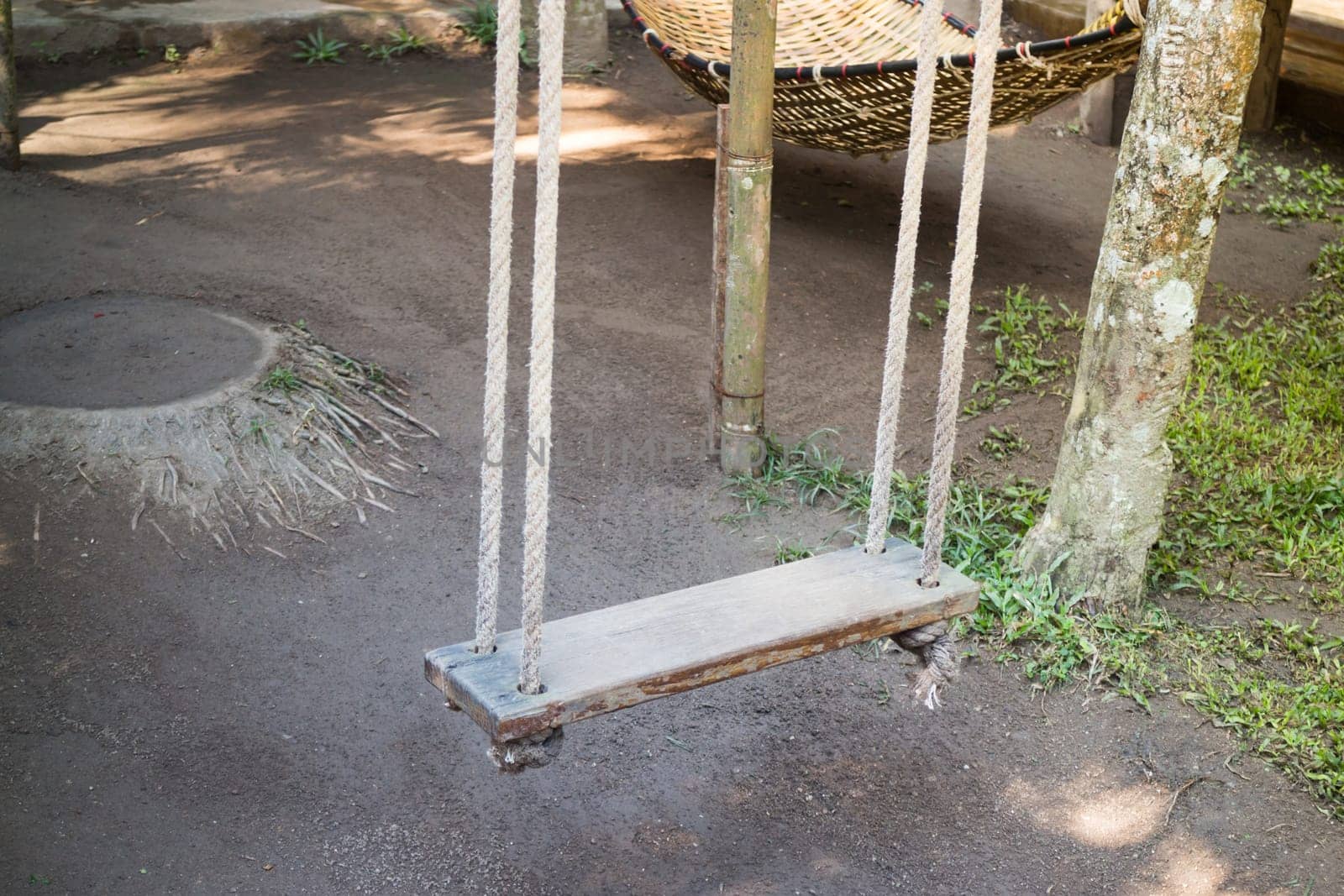 Empty wooden swing in the garden, stock photo