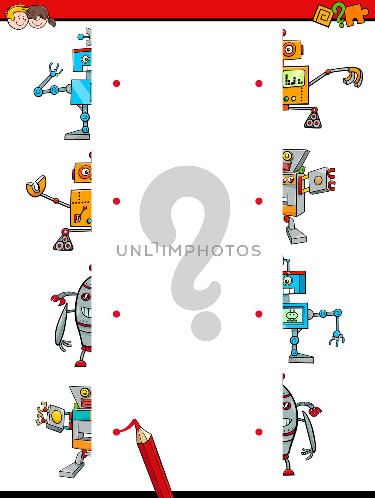 Cartoon Illustration of Educational Activity of Matching Halves with Robot Characters