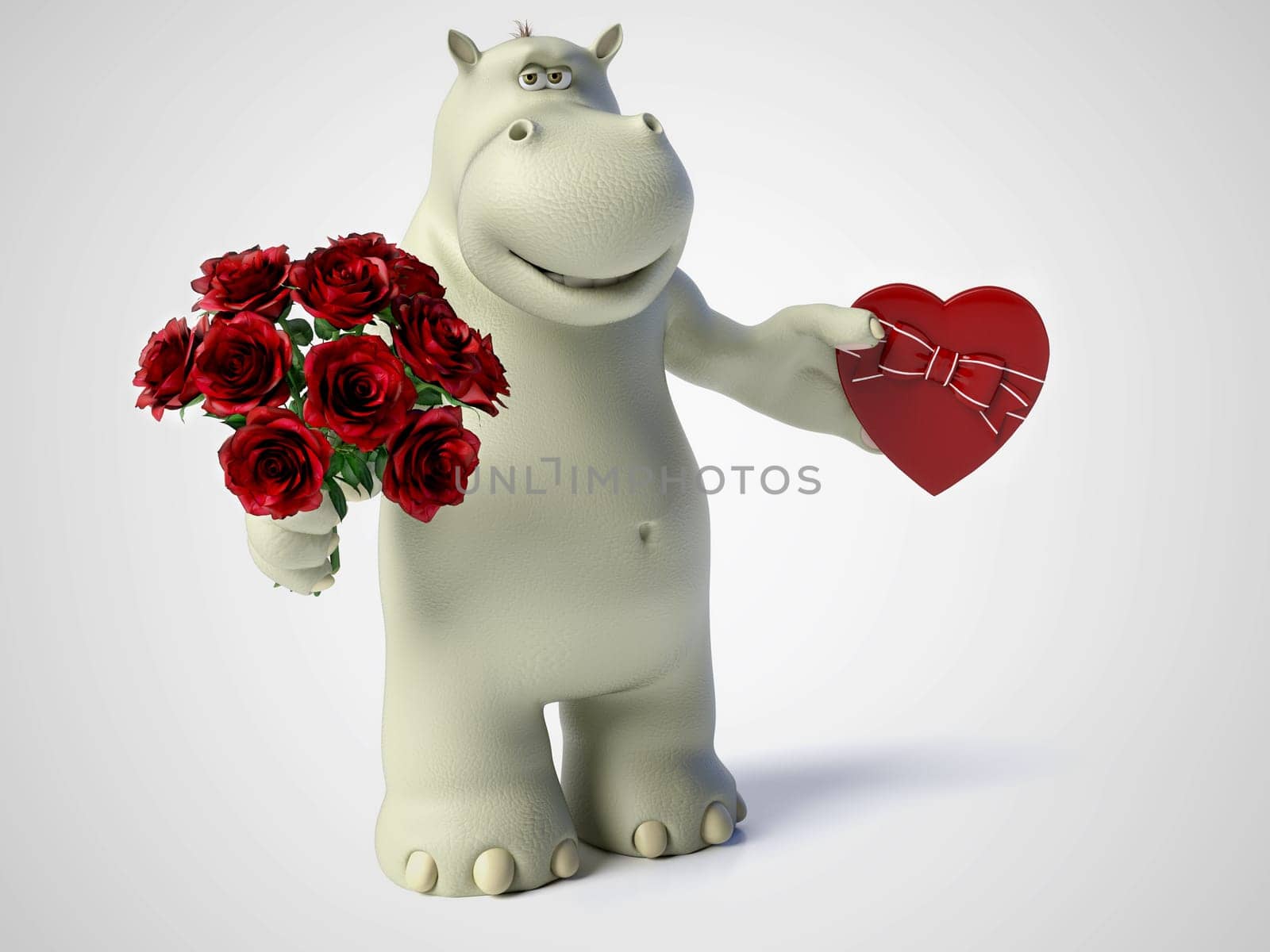 3D rendering of romantic cartoon hippo holding a red, heart shaped chocolate box in one hand and a bouquet of roses in the other hand. White background.