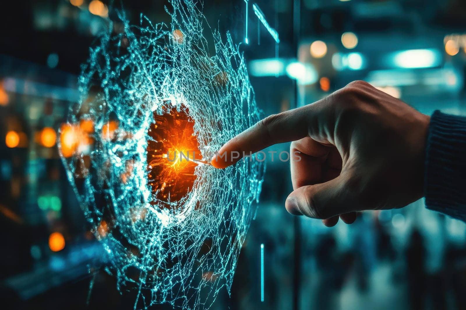 A captivating visual representation of a hand reaching towards a glowing energy sphere on a digital canvas, symbolizing interaction and innovation in technology.