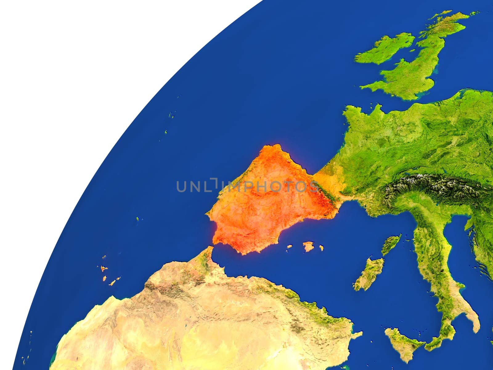 Spain highlighted in red as seen from Earth's orbit in space. 3D illustration with highly detailed realistic planet surface. Elements of this image furnished by NASA.
