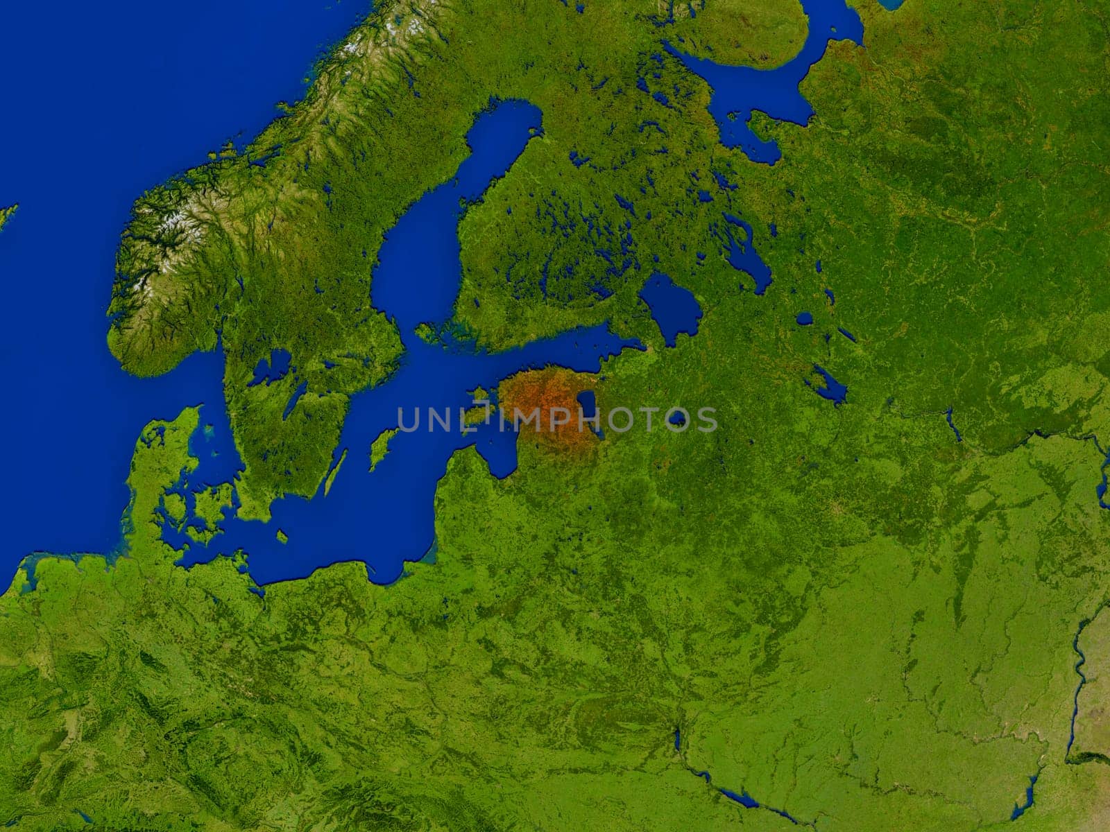 Top-down view of Estonia hightlighted in red as seen from Earth's orbit in space. 3D illustration with highly detailed realistic planet surface. Elements of this image furnished by NASA.