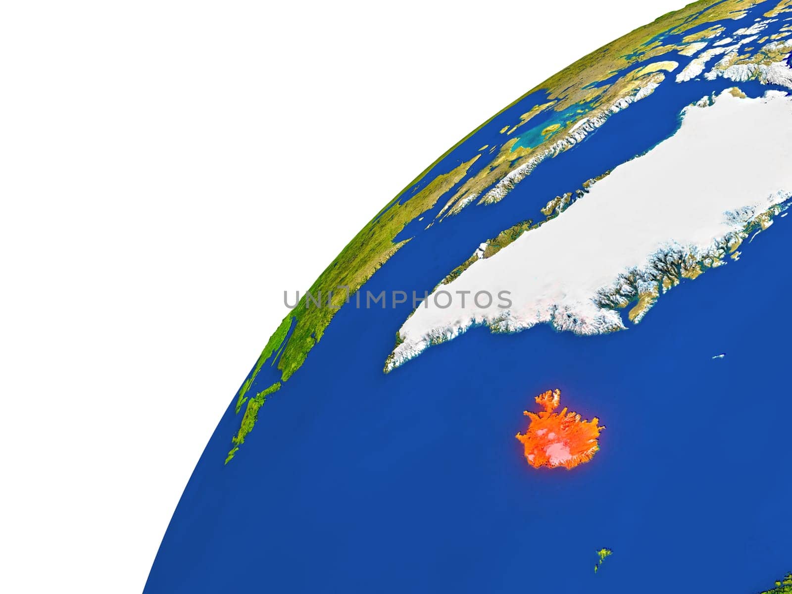 Iceland highlighted in red as seen from Earth's orbit in space. 3D illustration with highly detailed realistic planet surface. Elements of this image furnished by NASA.