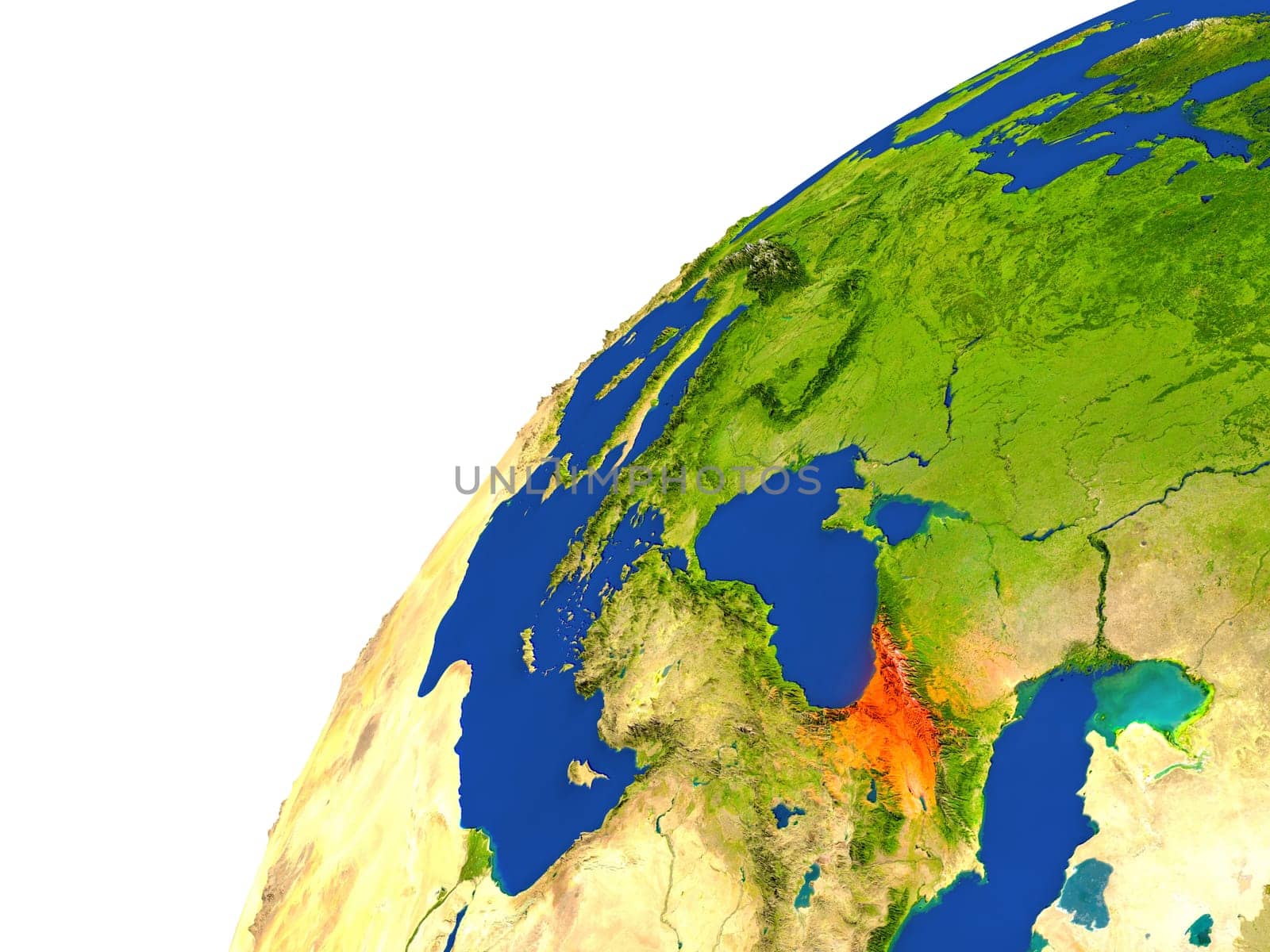 Georgia highlighted in red as seen from Earth's orbit in space. 3D illustration with highly detailed realistic planet surface. Elements of this image furnished by NASA.
